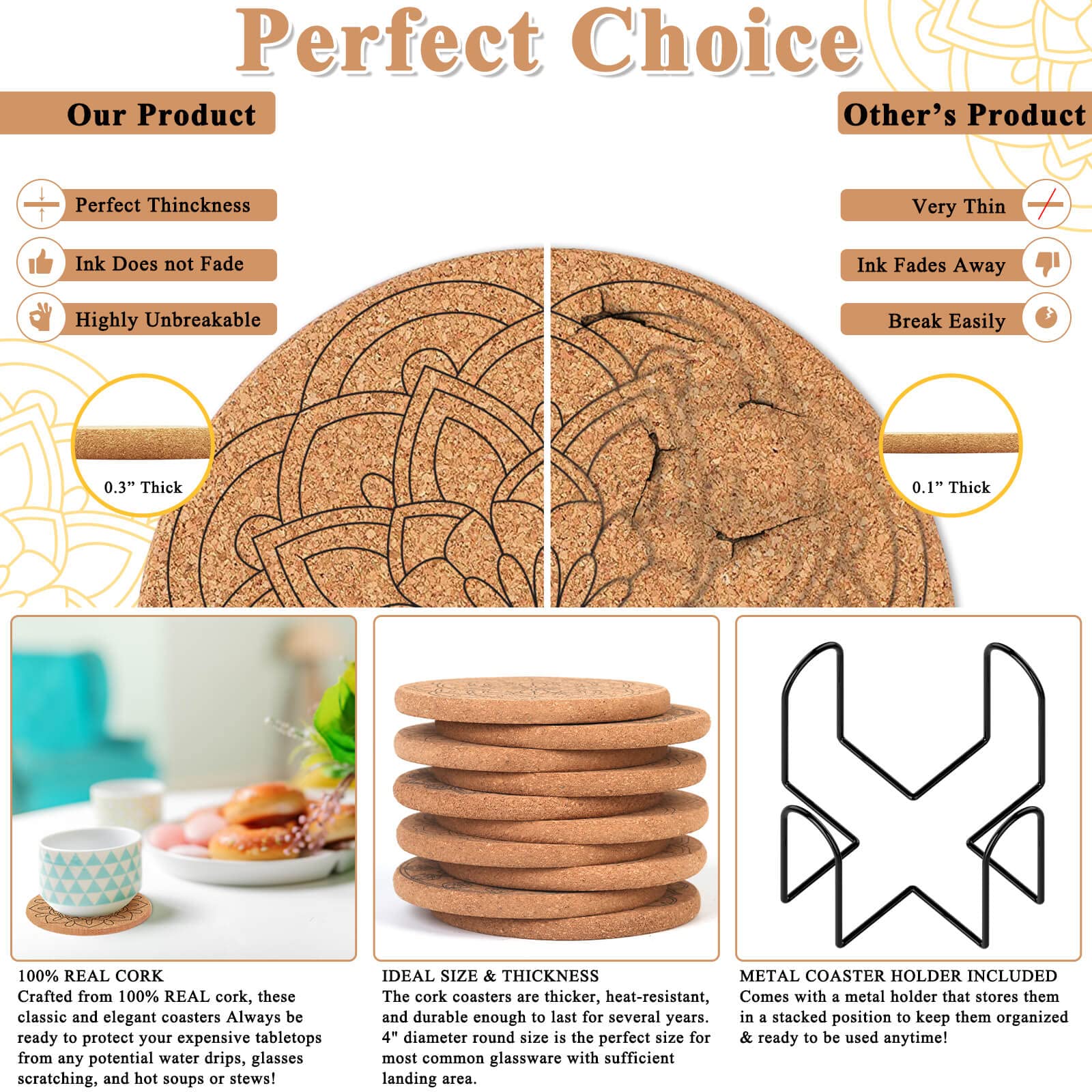 10 Pieces Cork Coasters For Drinks, Billbotk Cup Coasters With Holder For Coffee Table Tabletop Protection, Home Decor, Suitable