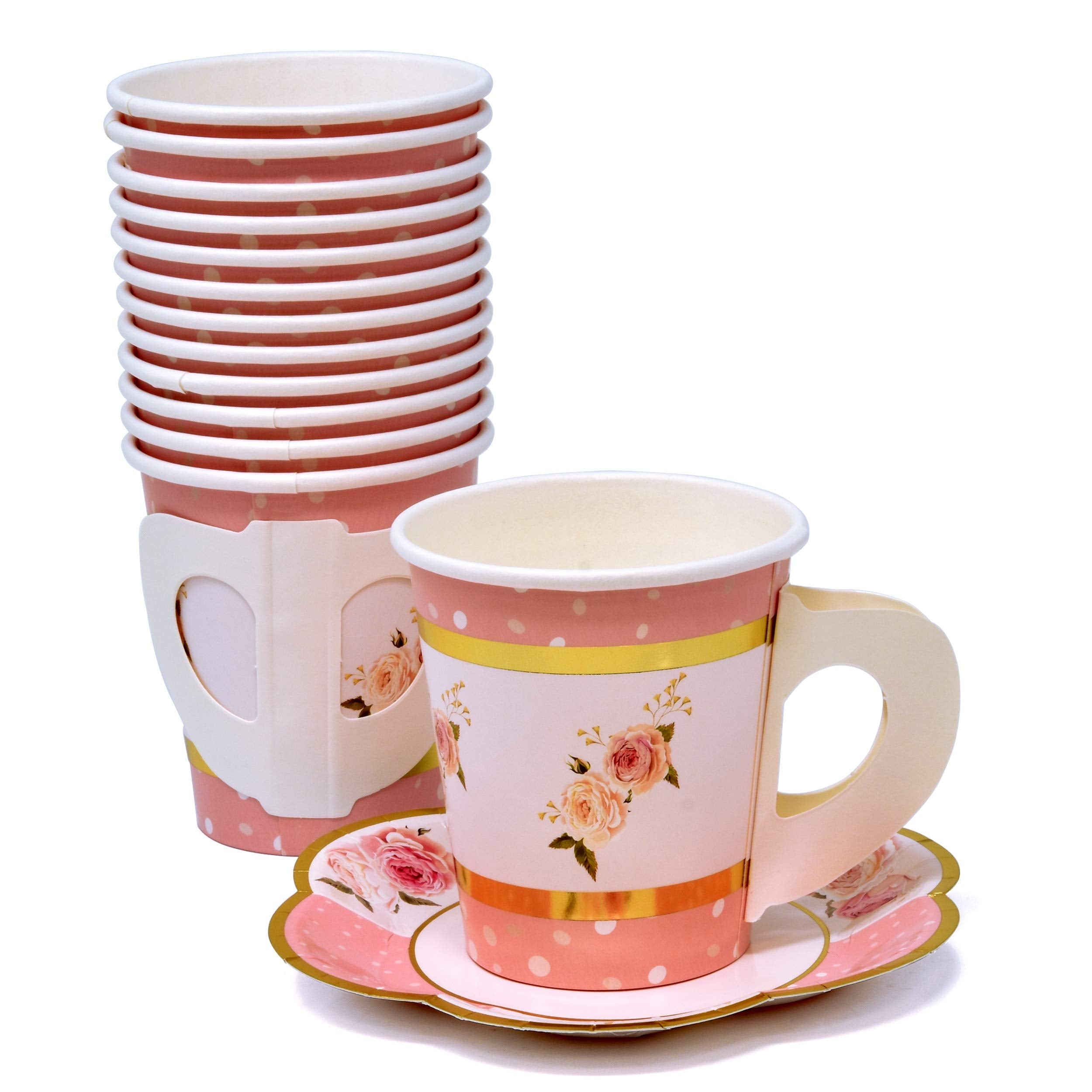 Gift Boutique 36 Paper Tea Cups 5 Oz. Disposable 36 Saucers 5 '' Floral Shaped Plate Teacup Set With Handle For Kids Adults Birt