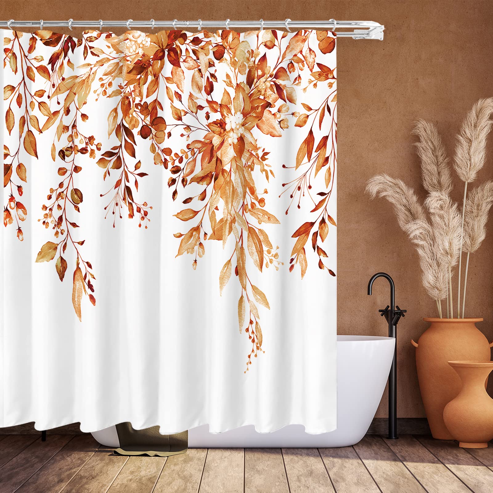 Tititex Orange Eucalyptus Shower Curtain Sets, Watercolor Bright Leaves On The Top Plant With Floral Bathroom Decoration 72X78 I