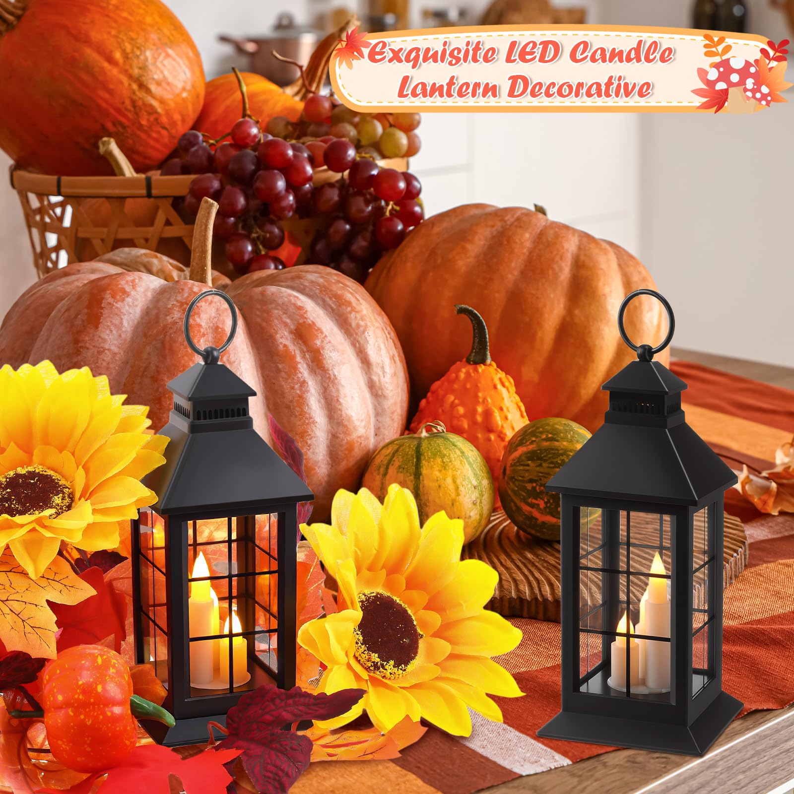Tujoe 4 Pack Fall LED Candle Lantern Decorative Indoor & Outdoor Fall Decorations for Home Mini Thanksgiving Hanging Lanterns wi