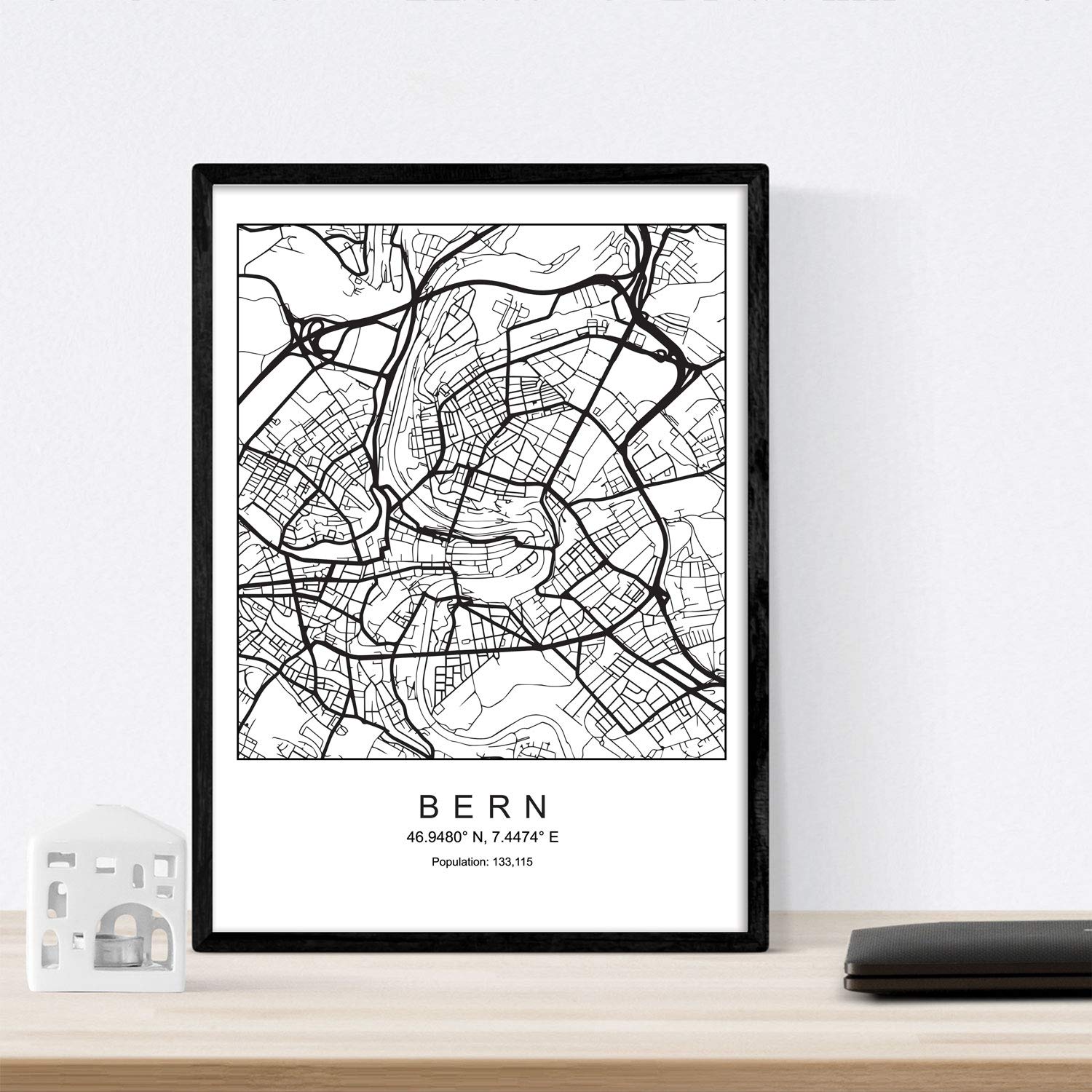 Print City Map Nice Scandinavian Style In Black And White. Poster 11'X17' Size Printed Paper Unframed 250 Gr. Paintings, Prints