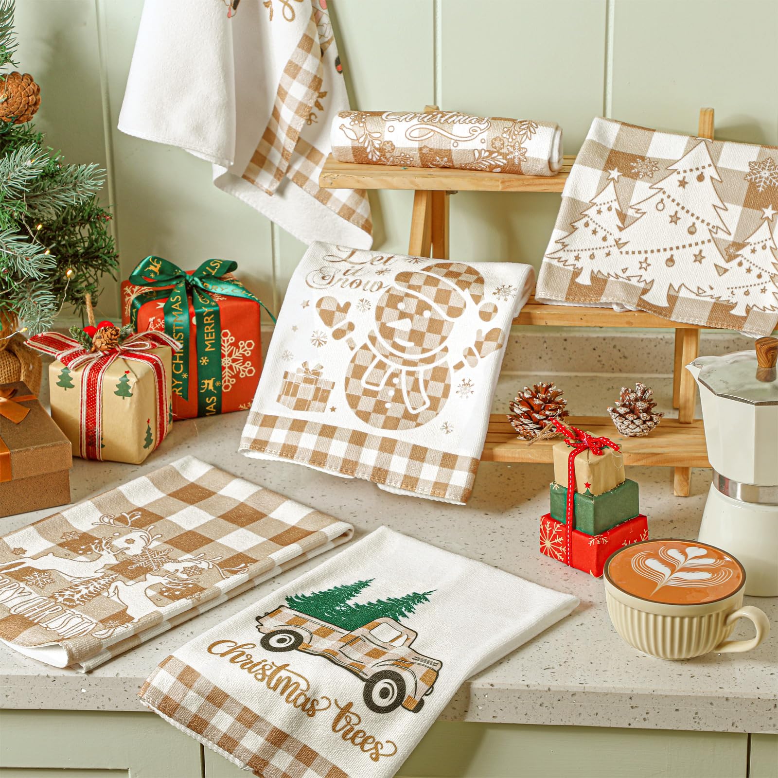 Sratte 6 Pcs Christmas Kitchen Towels Neutral Brown White Buffalo Plaid Dishtowels Absorbent Vintage Winter Bathroom Hand Towels