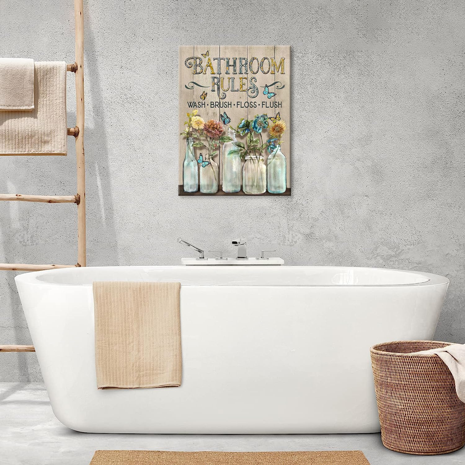 Shuweienphant Farmhouse Bathroom Wall Art Flower Butterfly Floral Pictures Wall Decor Bathroom Rules Mason Jar Canvas Painting P