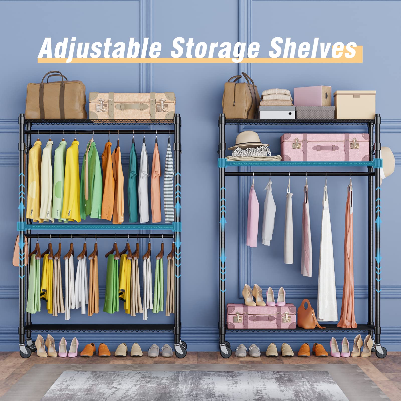 Homdox Double Rod Closet 3 Shelves Wire Shelving Clothing Rolling Rack Heavy Duty Garment Rack With Wheels And Side Hooks