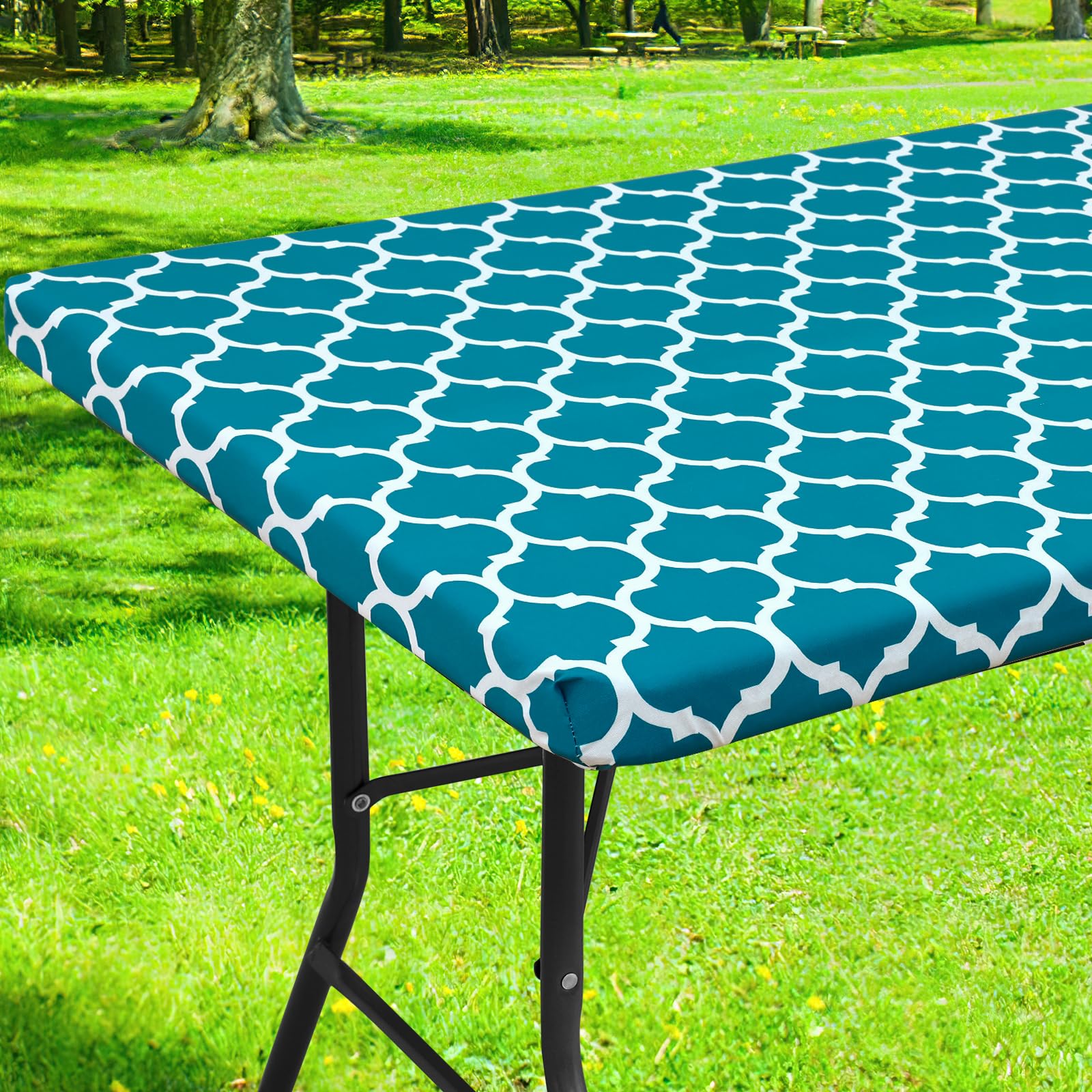 Smiry Rectangle Picnic Table Cover, Waterproof Elastic Fitted Camping Tablecloths for 8 Foot Tables, Wipeable Flannel Backed Vin