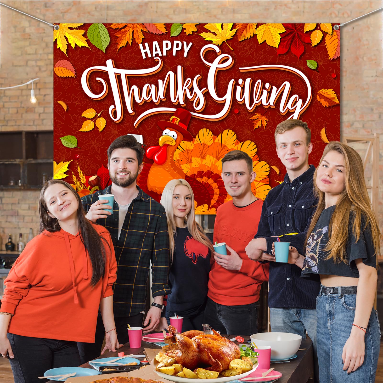 Thanksgiving Party Decorations - Turkey Happy Thanksgiving Banner with Maple, Pumpkin Design for Give Thanks Celebrations