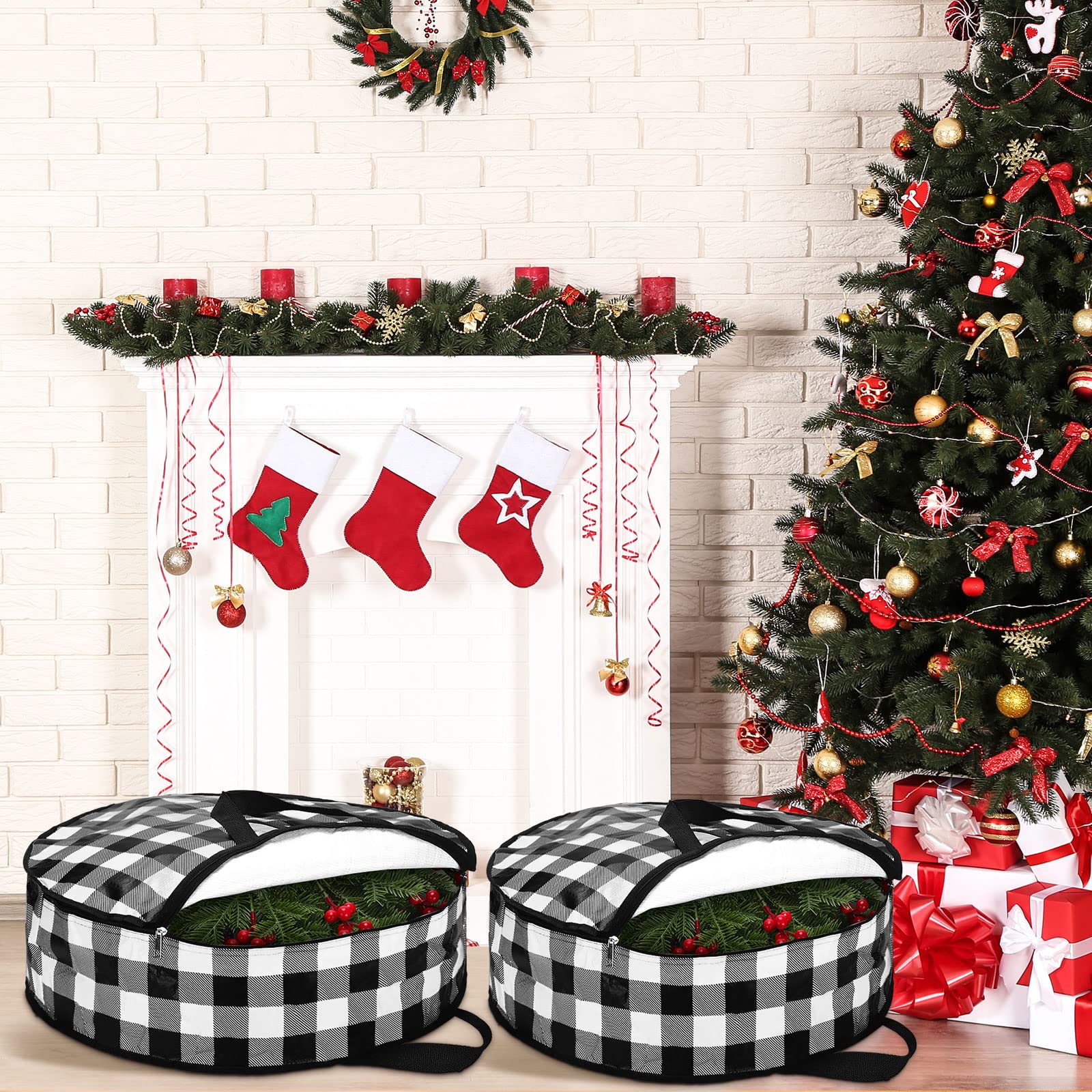 Sadnyy 4 Pcs Christmas Wreath Storage Bag 24 Inch&30 Inch Large Wreath Storage Container Buffalo Plaid Garland Container Waterpr