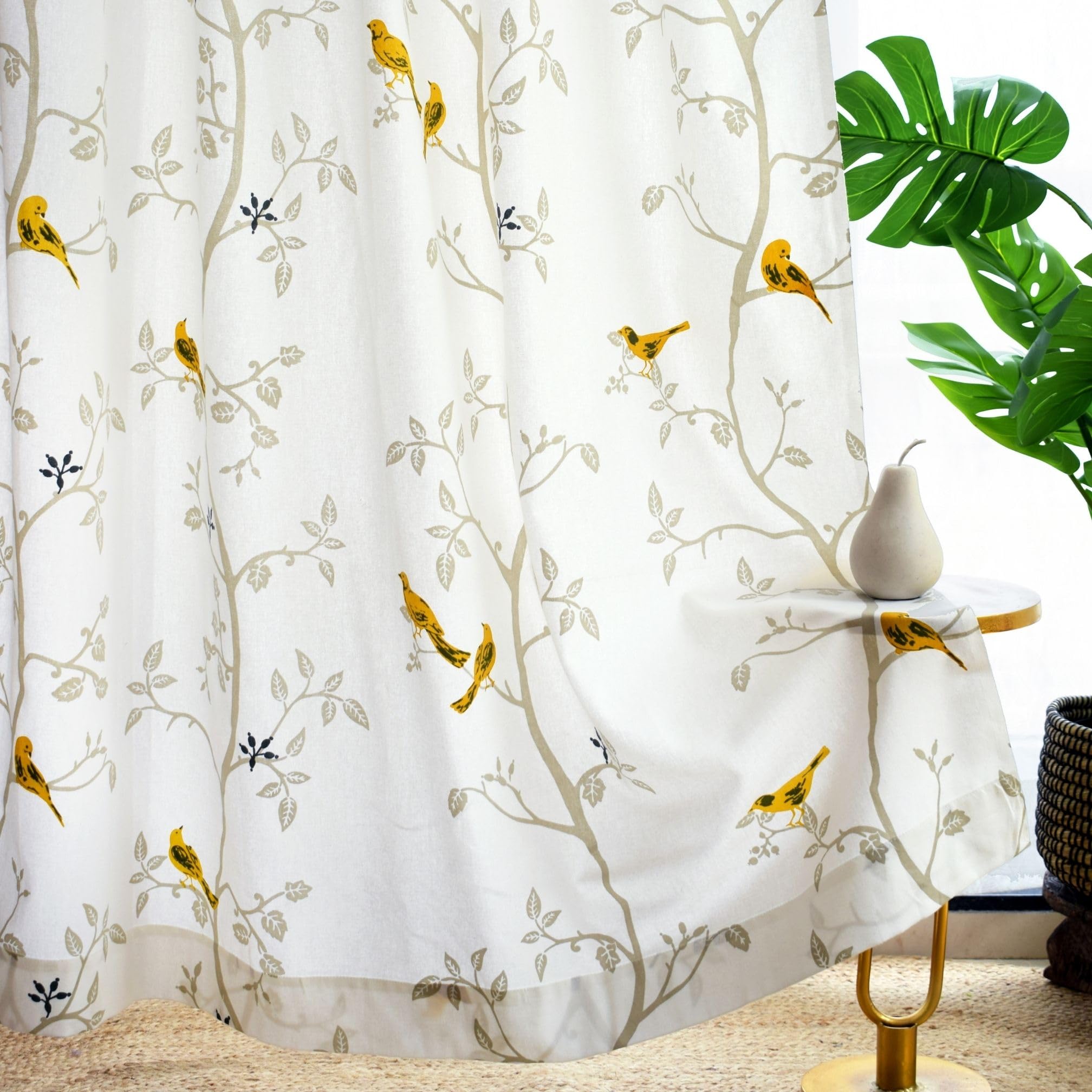 Tranquebar Curtain Co. Window Curtains 5 Feet, 60-65% Room Darkening, Yellow Bird Print, Cotton Curtains For Window, Cotton Curt