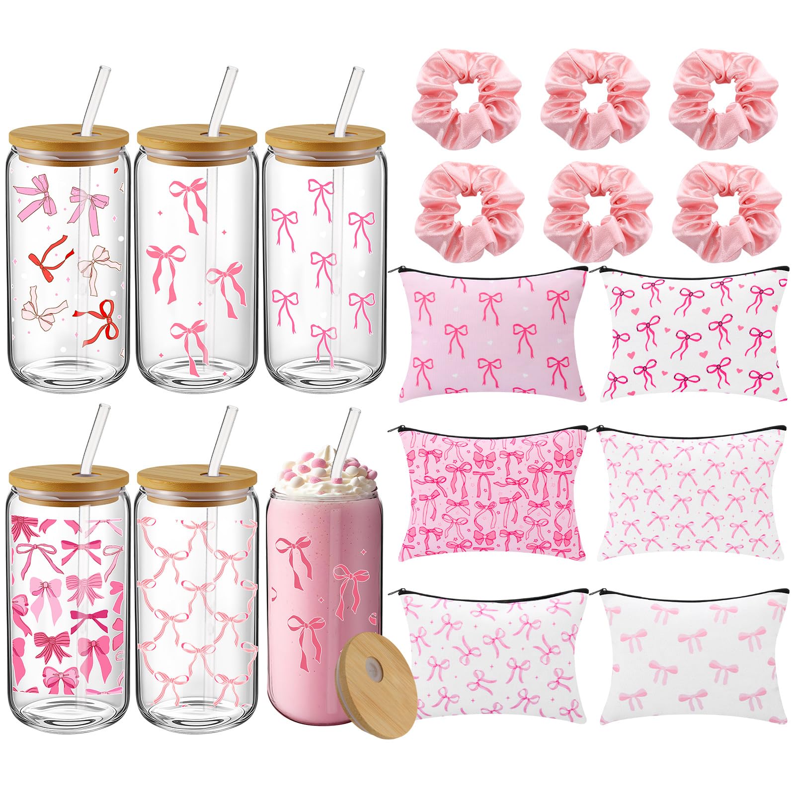 Reallnaive 18 Pcs Pink Bow Glass Cups With Lids Coquette Bow Cosmetic Makeup Bag Pink Hair Scrunchies Ties For Women Birthday We