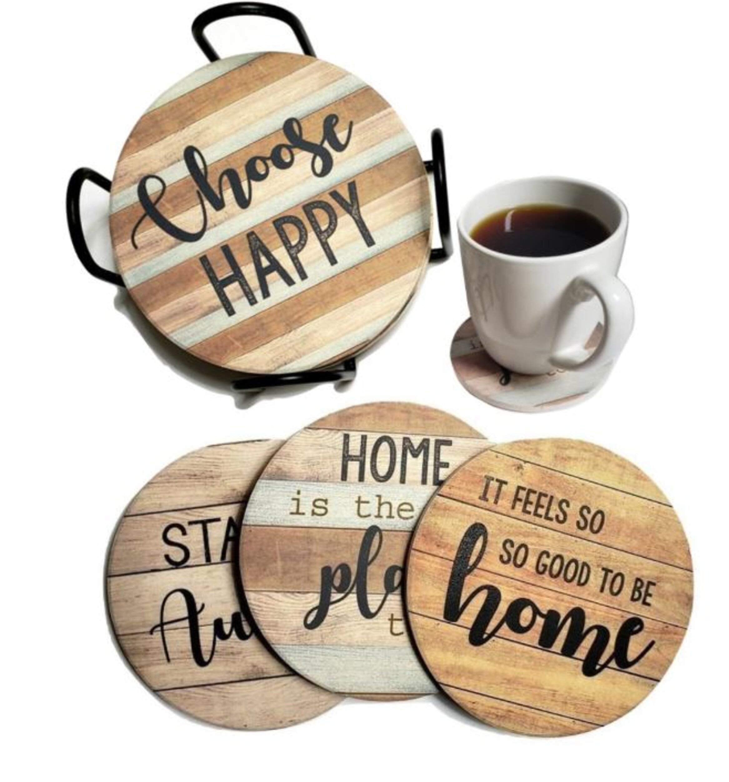 Panchh Rustic Farmhouse Stone & Cork Coasters For Drinks, Absorbent - Set Of 6 Coasters With Holder - Best Housewarming Gifts Fo