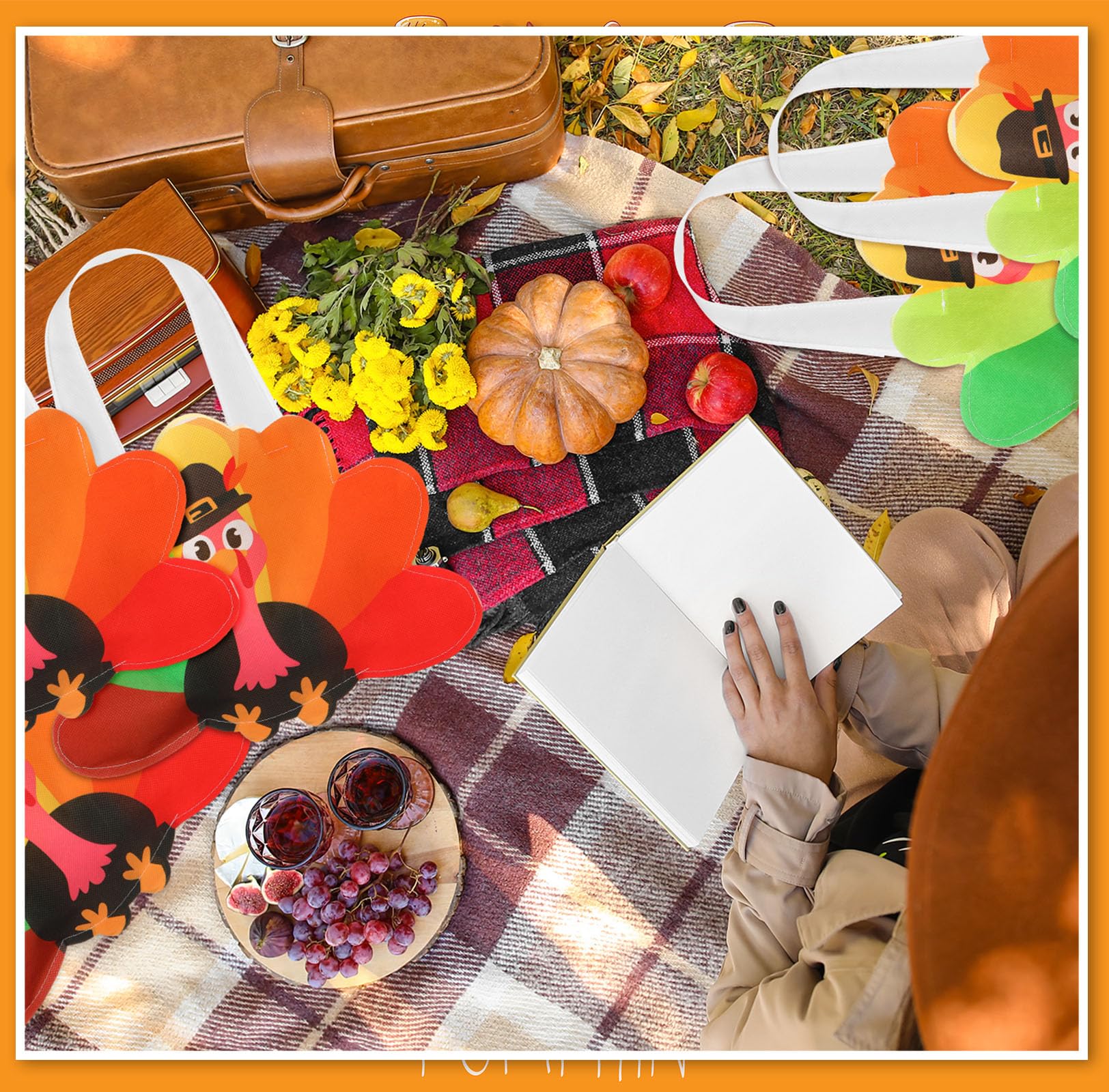 Silkfly 24 Pcs Thanksgiving Turkey Gift Bags Non Woven Reusable Autumn Goodie Candy Tote Bag with Handles Fall Party Favors for