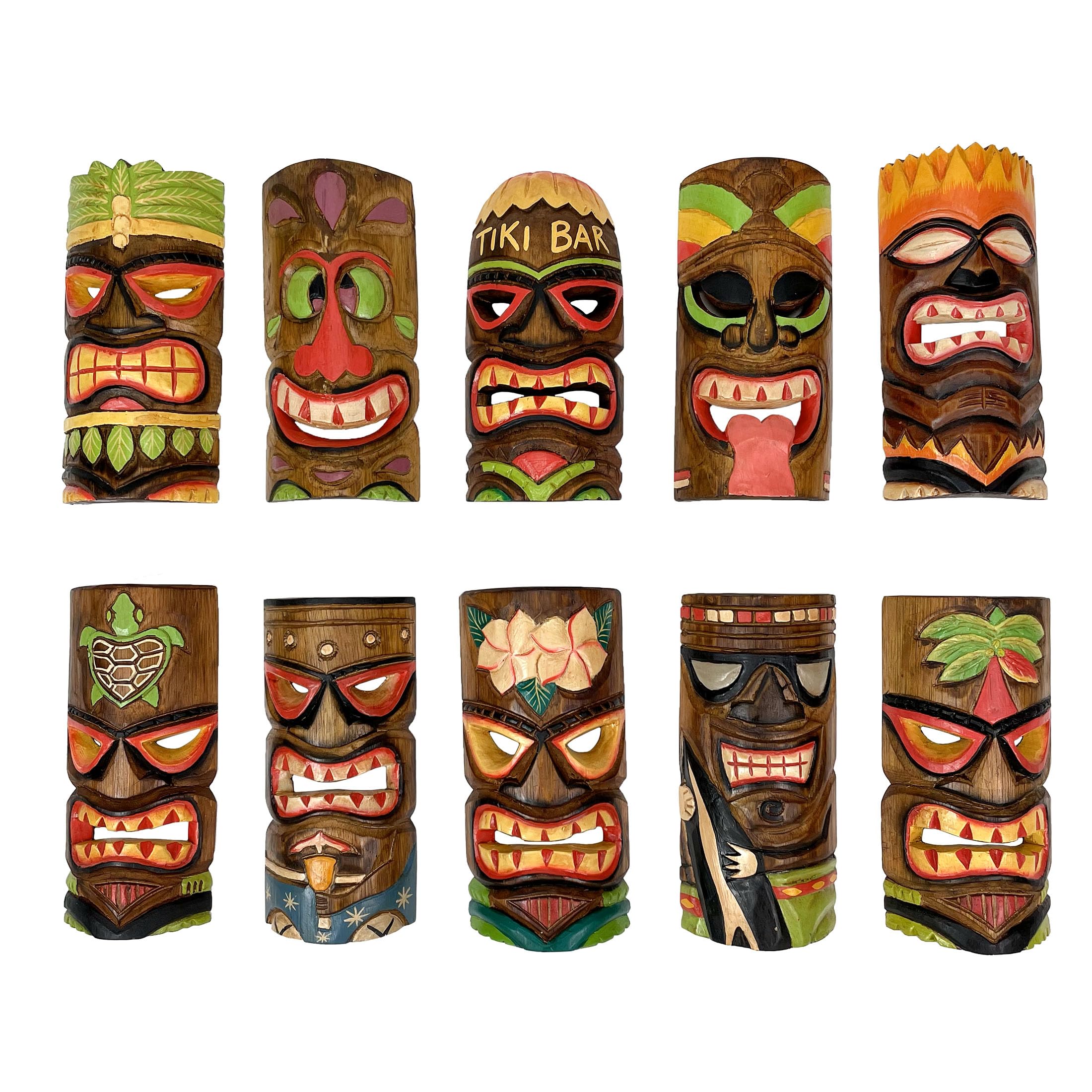 10 Piece Polynesian Party Hand Carved Island Style Wooden Tiki Masks 10 Inch