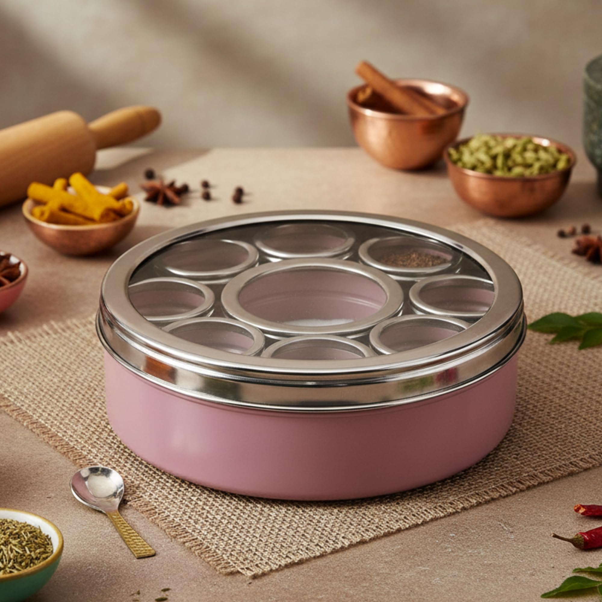 Elan Stainless Steel Masala Box | Spice Storage Container | Masala Dani With 9 Containers And Small Spoon | Masala Dabba For Kit