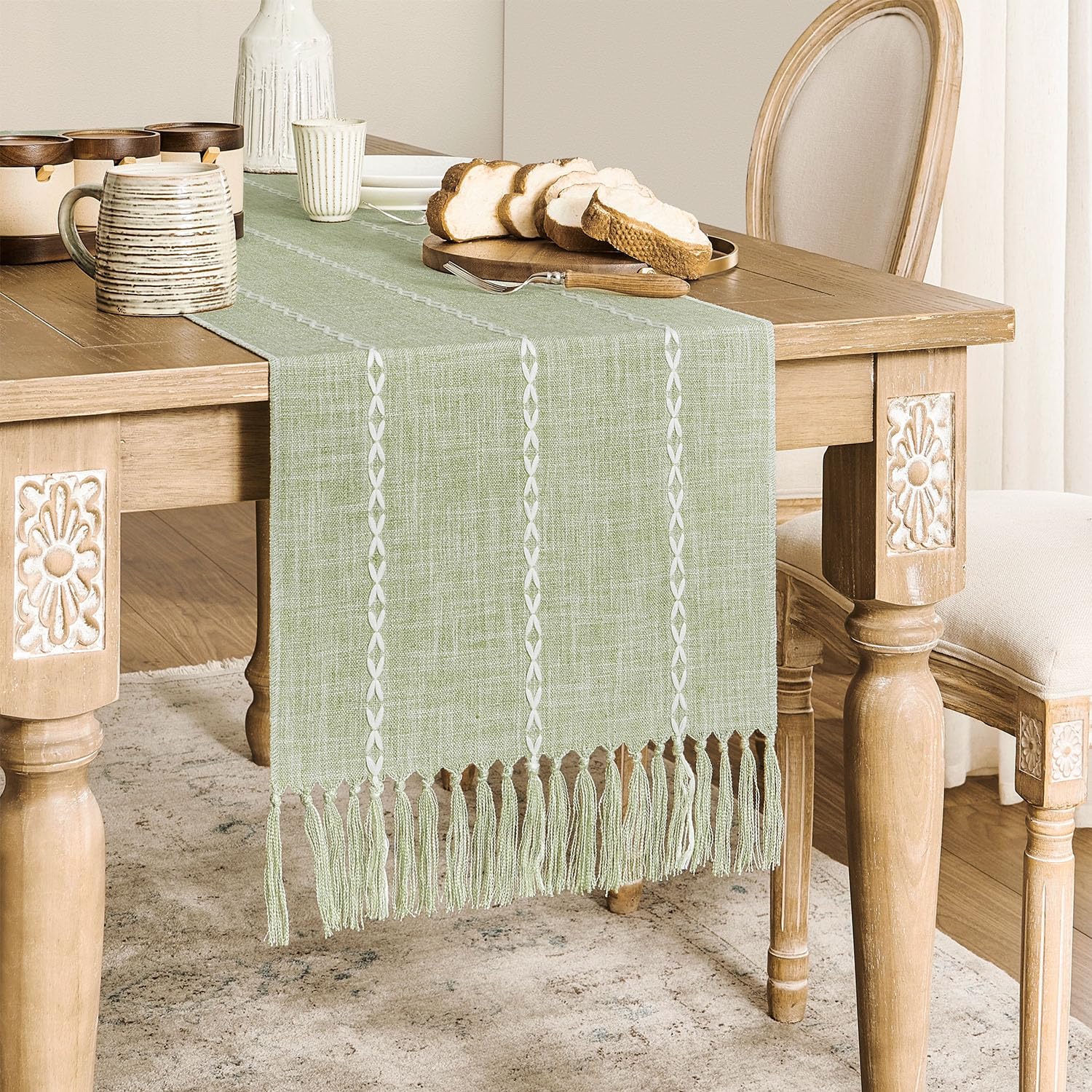 Zeemart Farmhouse Table Runner, Rustic Table Runners 48 Inches Long, Linen Boho Table Runner, Braided Striped Green Table Runner