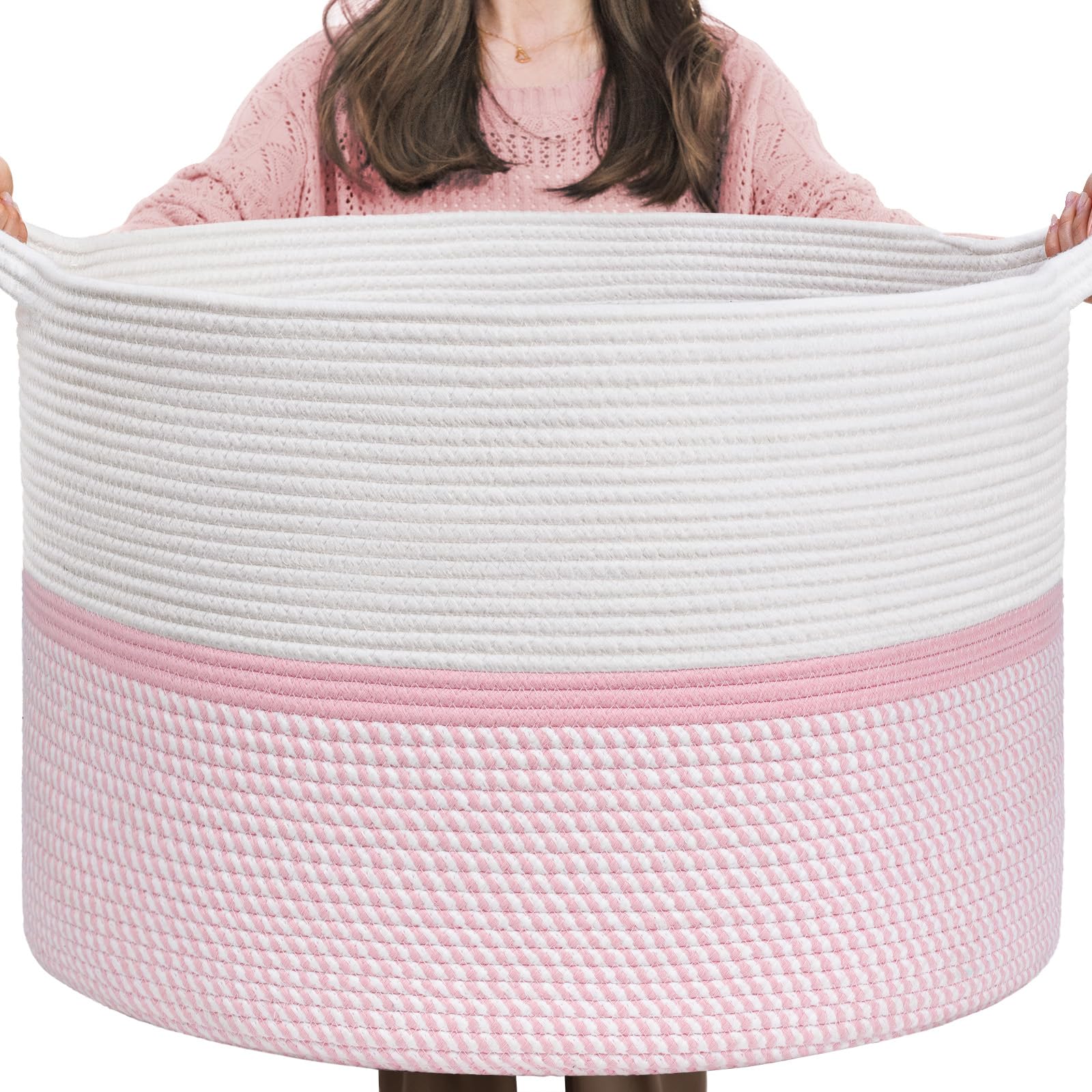 Chicvita Extra Large Cotton Rope Woven Basket, Xxl Throw Blanket Storage Basket With Handles, Pink Decorative Clothes Hamper - 2