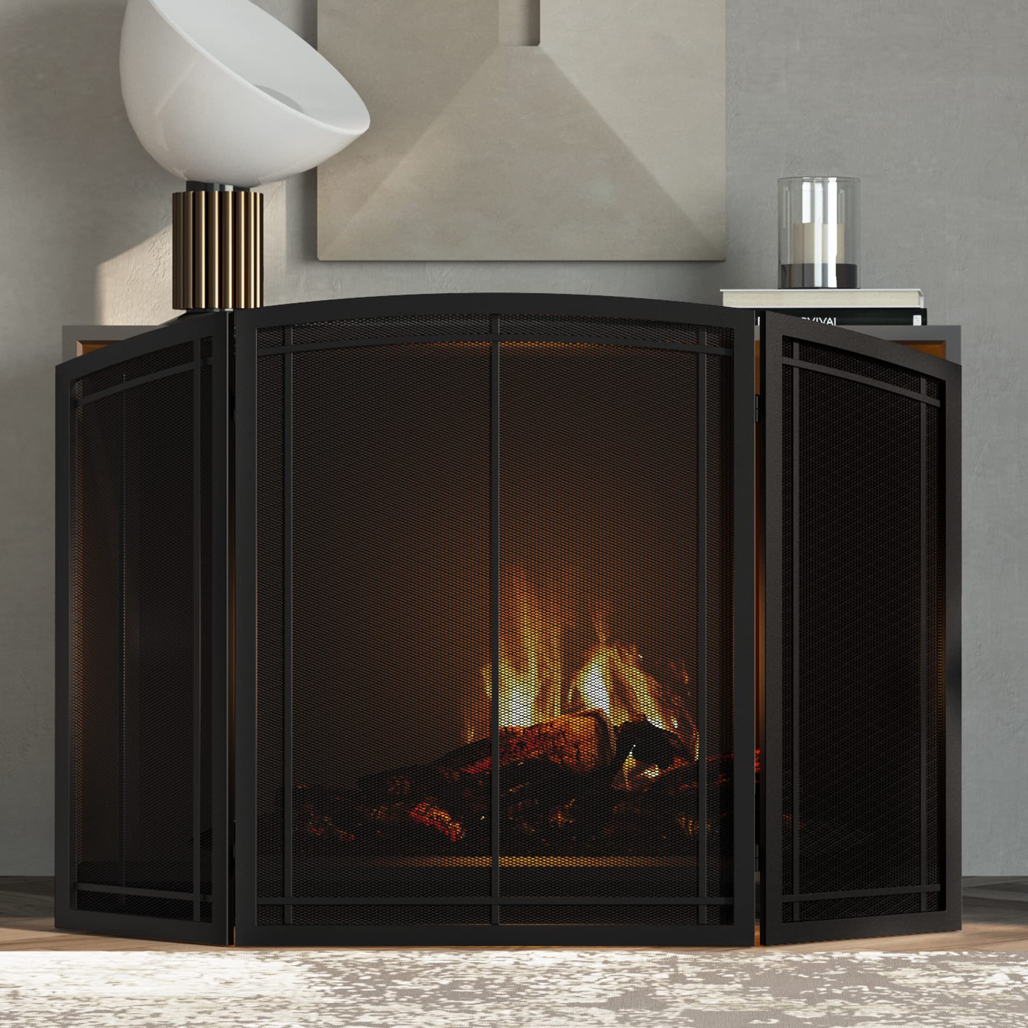 Firebeauty Fireplace Screen 3 Panel Wrought Iron Black Metal 48''(L) X30(H) Spark Guard Cover (Modern)