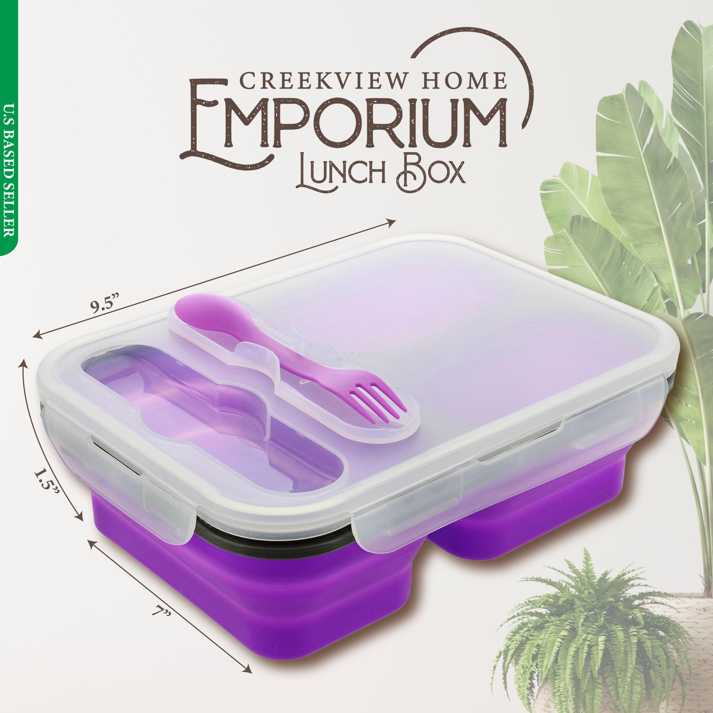 Creekview Home Emporium Collapsible Food Container - Purple Bento Lunch Box With 3 Compartments And Silverware In Lid