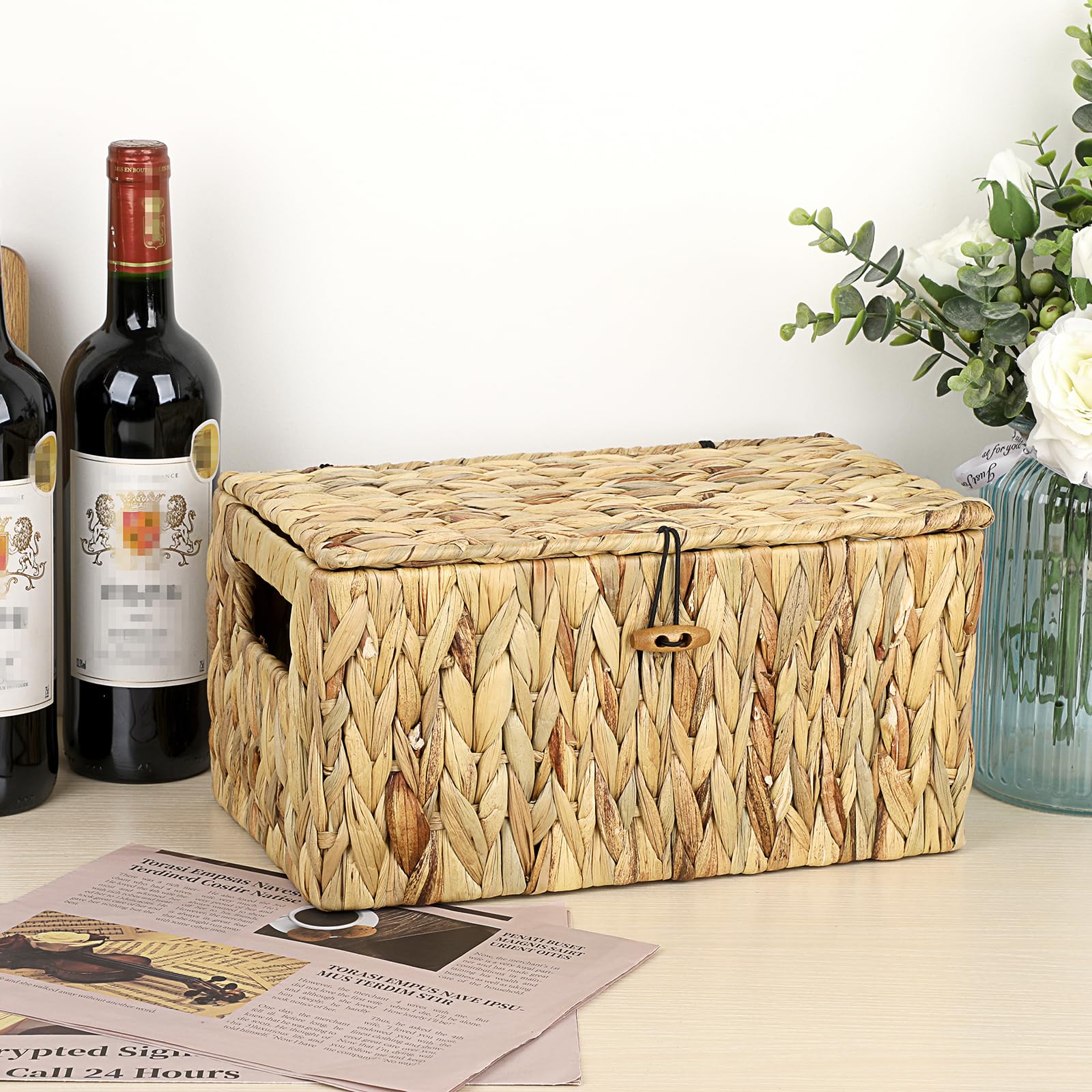 Hipiwe Wicker Baskets Bin For Shelf Organizing, Handwoven Water Hyacinth Storage Basket Bins With Lid, Decorative Basket Box Wit