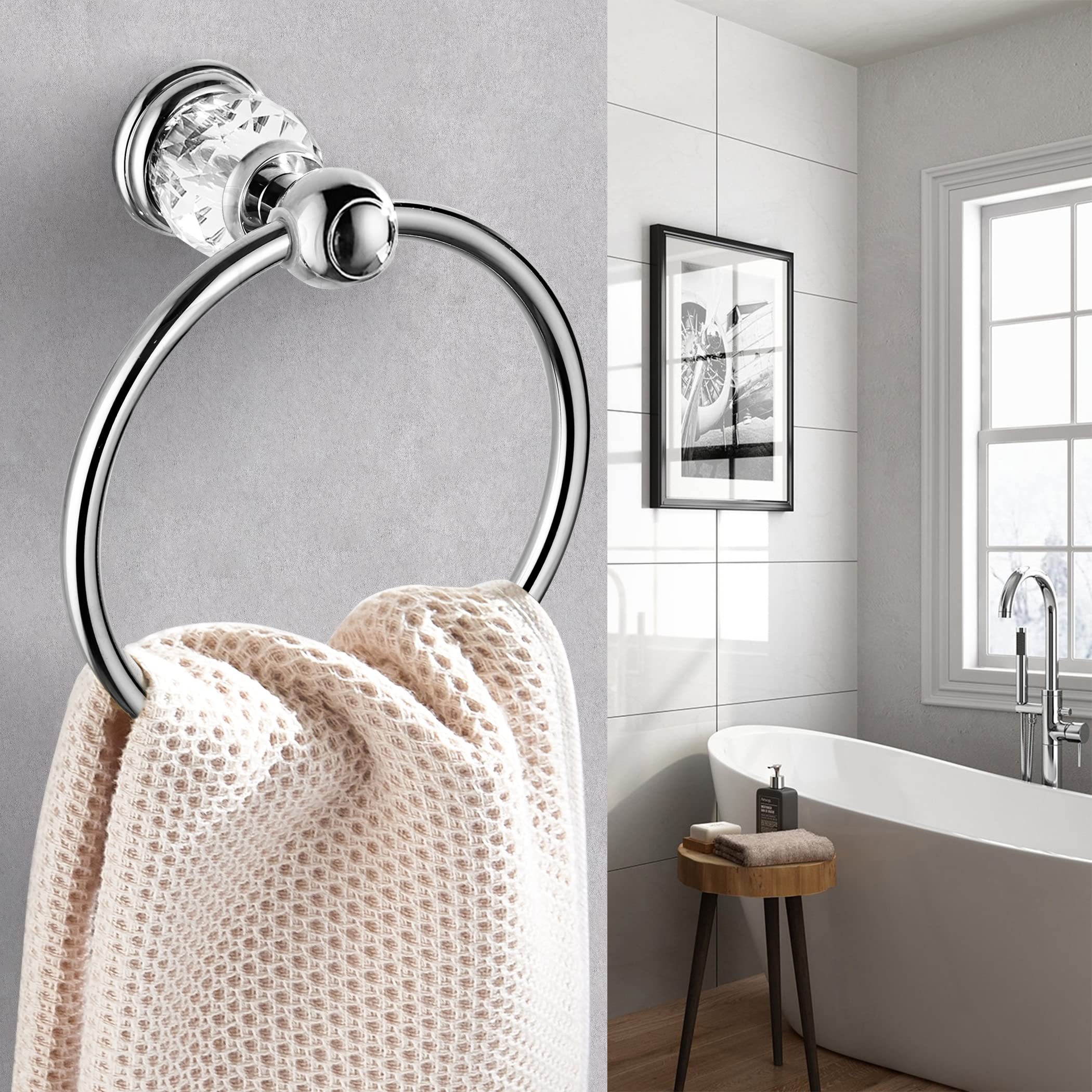WINCASE Chrome Towel Ring  Bath Hand Towel Holder Crystal  Silver Towel Rack Wall Mounted