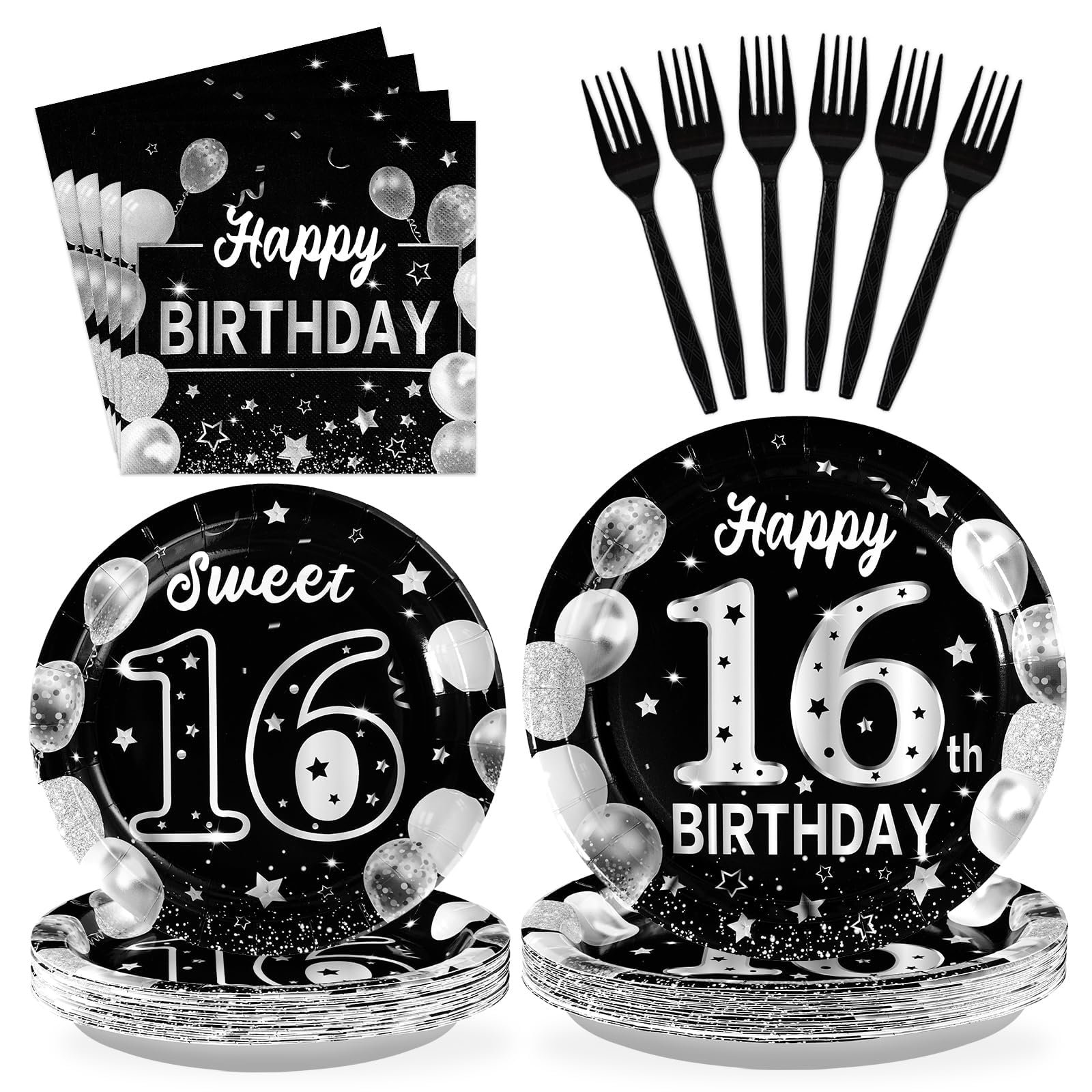 Grencian 96 Pcs 16th Birthday Party Decorations for Boys Silver Black 16th Birthday Plates and Napkins 16 Years Old Paper Tablew