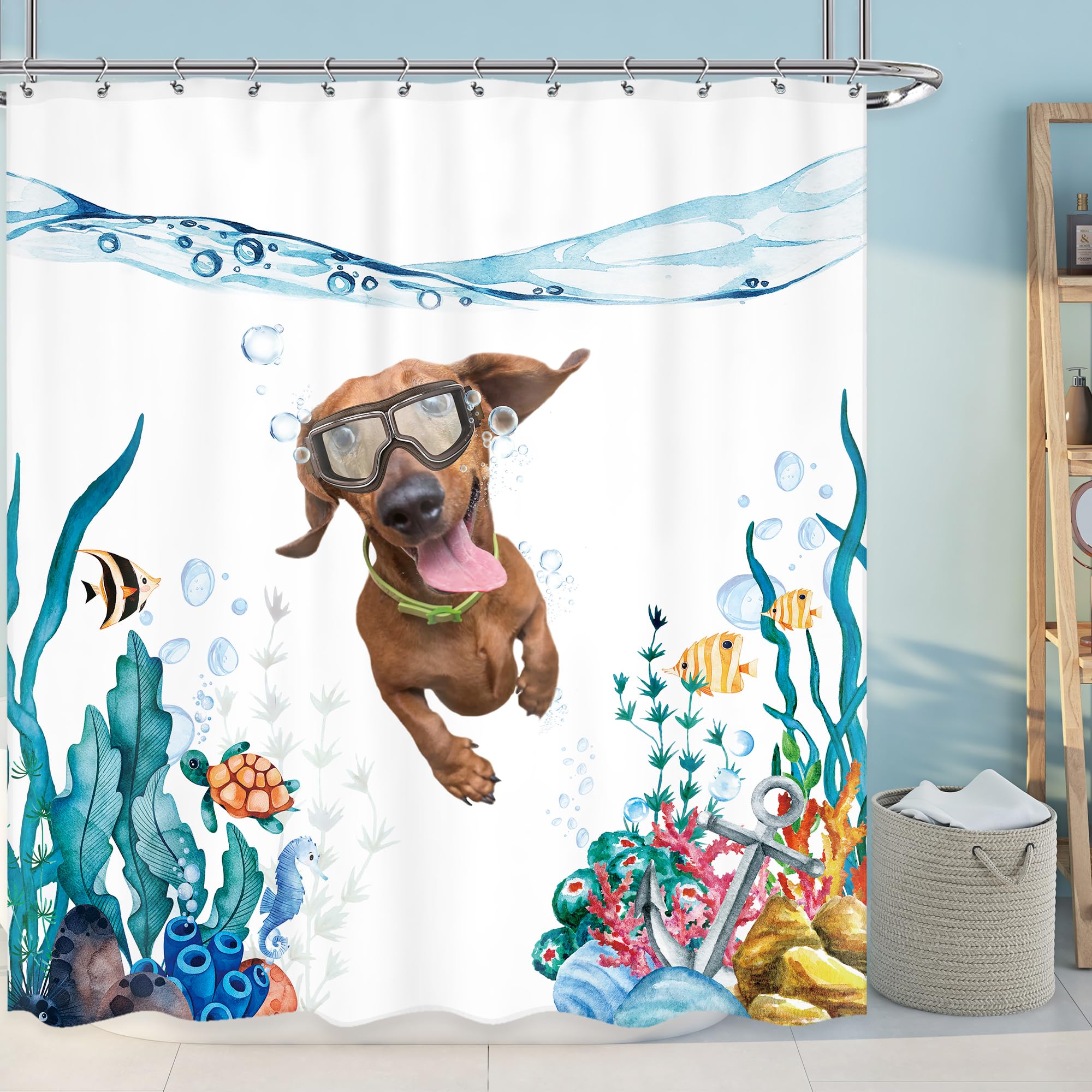 Lghtyro Kids Funny Dog Dachshund Shower Curtain Bathroom Set 71Wx71H Inches Sea Ocean Nautical Cute Animal Fish Turtle Anchor Co