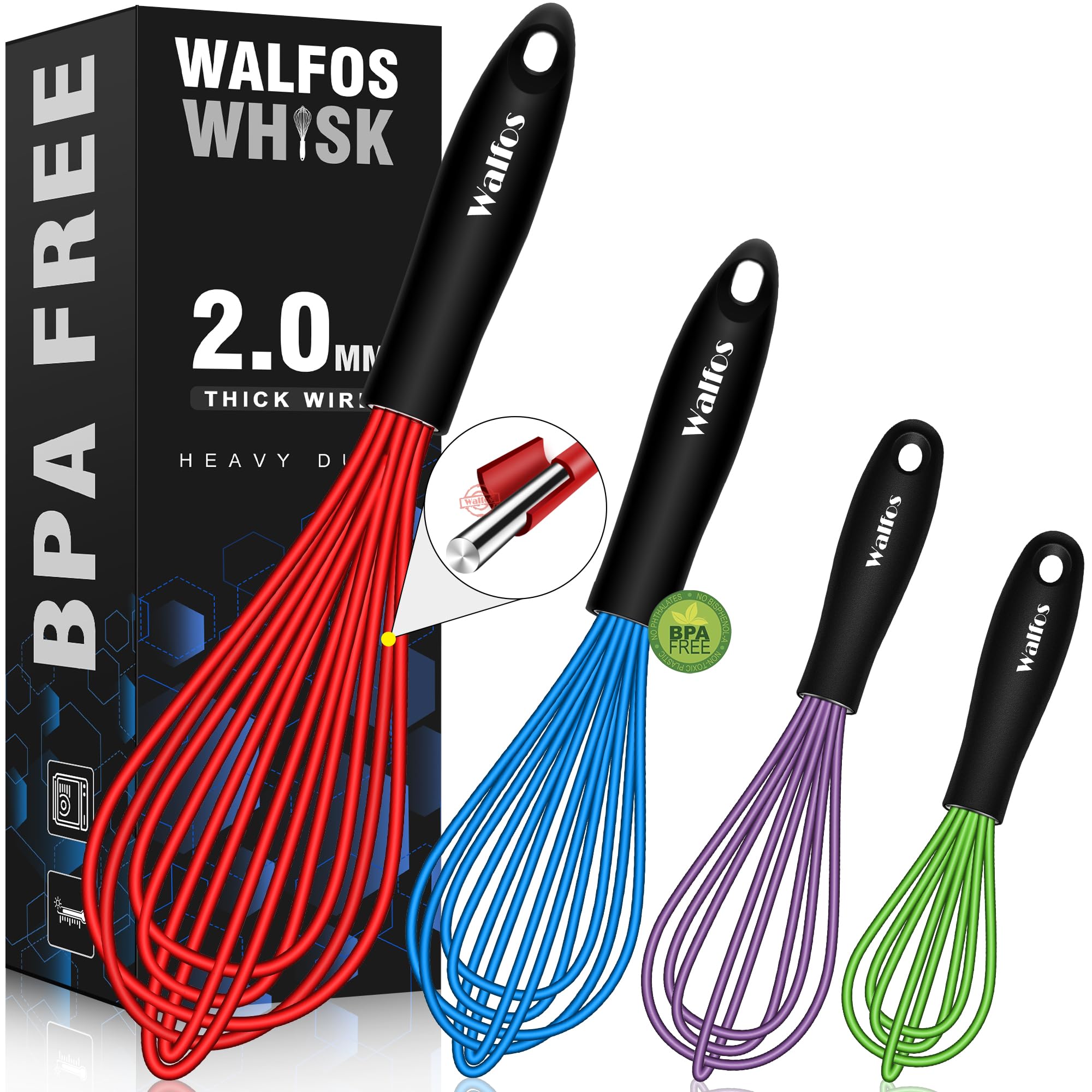 Walfos Whisk, Silicone Whisk Heat Resistant (480F) Kitchen Whisks Set Of 4- Professional Whisks For Cooking Non Scratch, Balloon