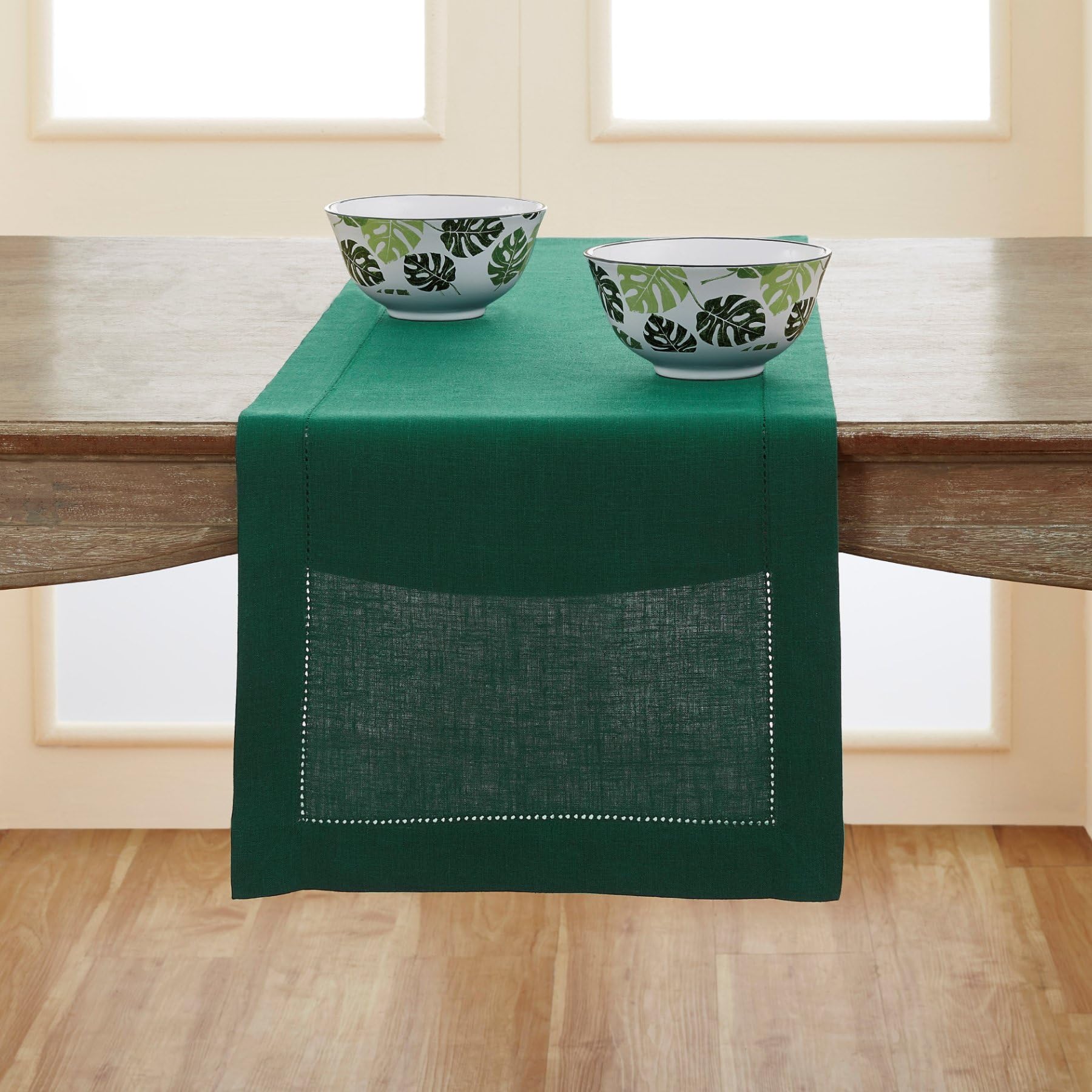 Solino Home Rainforest Green Linen Table Runner 120 Inches Long - 100% Pure Linen Classic Hemstitch Table Runner 14 X 120 Inch -