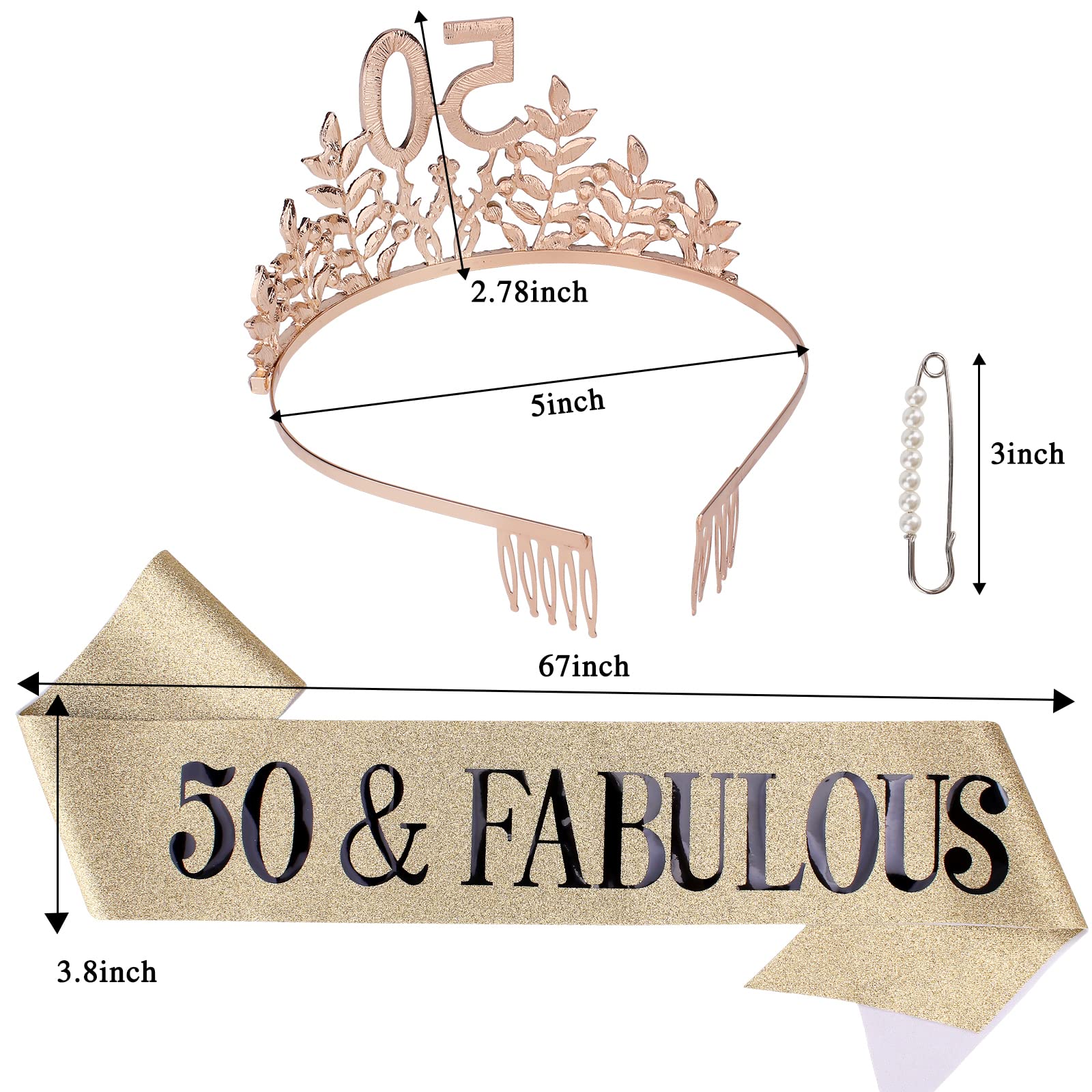Semato 50 & Fabulous Birthday Crown And Sash Kit- 50Th Birthday Gifts For Women 50Th Birthday Party Supplies (Gold)