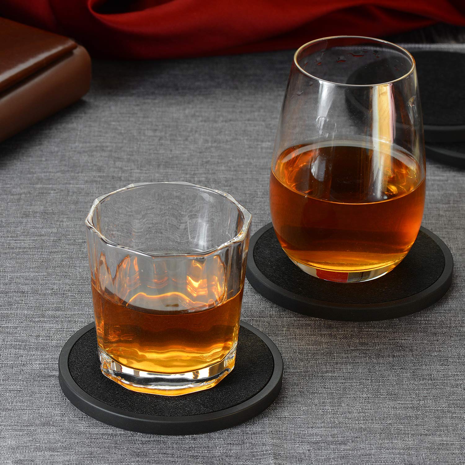 Mecowon Absorbent Coasters For Drinks With Holder, 8 Pieces Silicone Coasters With Soft Felt Insert, Black