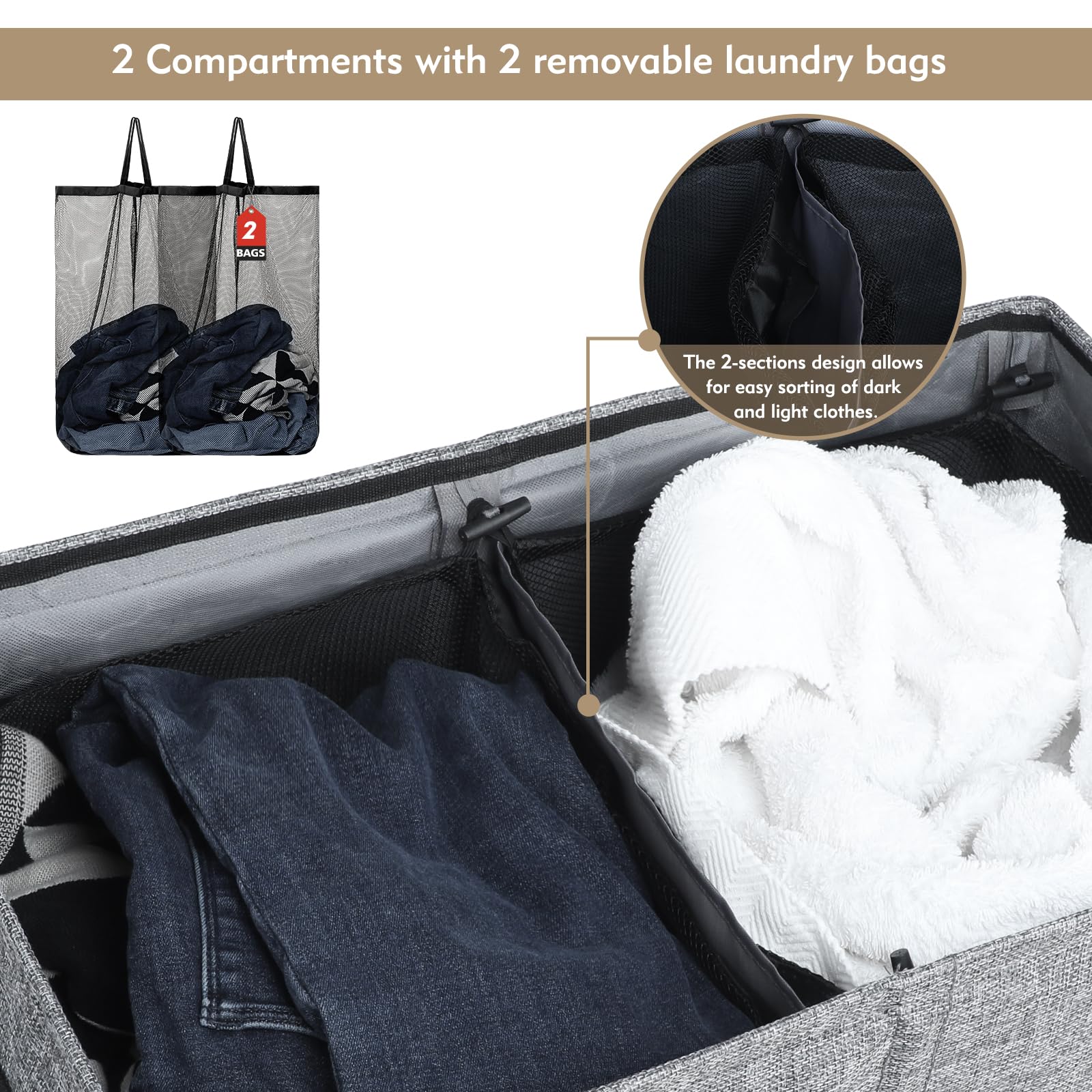 Dokehom 150L Double Laundry Basket With Lid And Removable Laundry Bags, Large Collapsible Laundry Hamper With 2 Sections For Bed