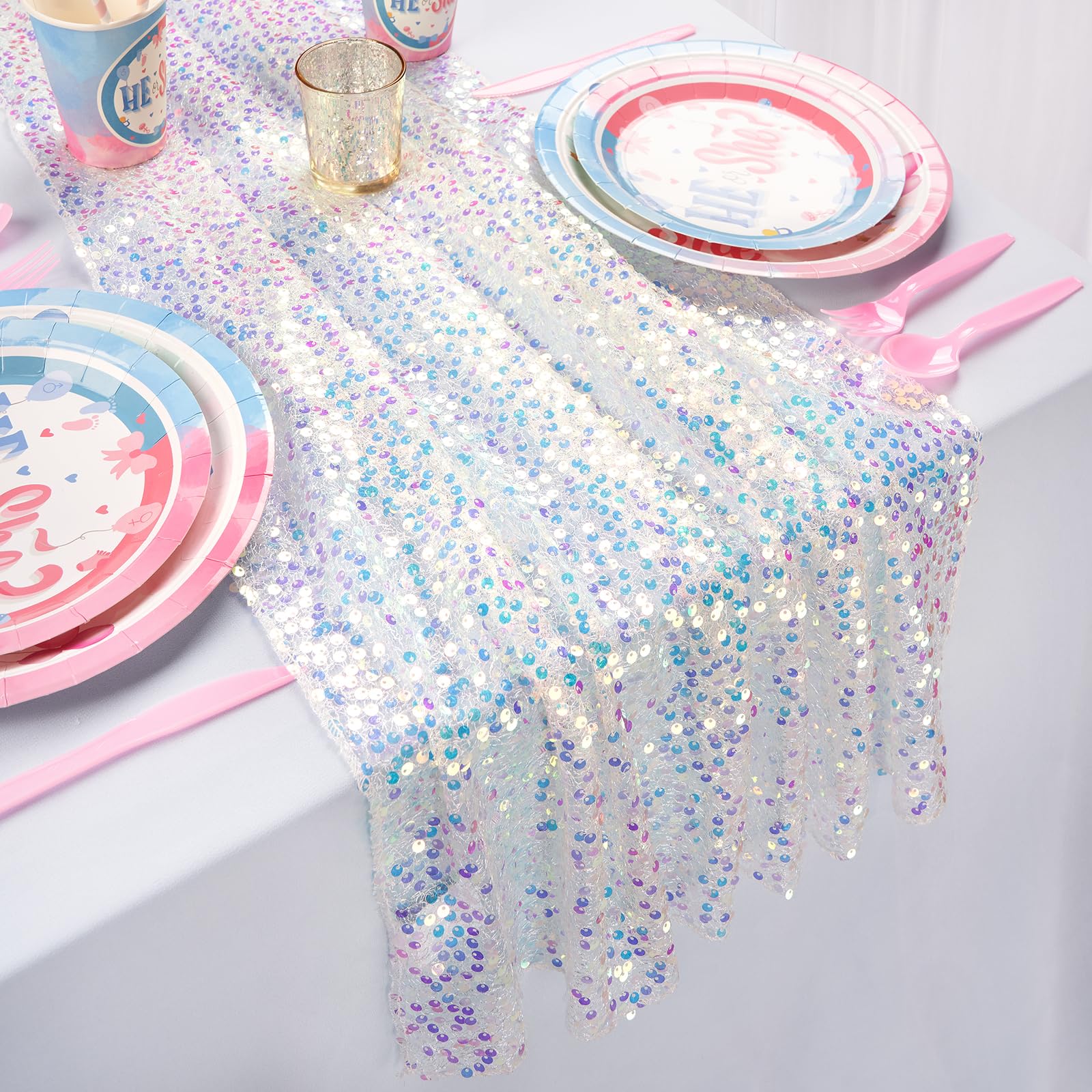 White Table Runner 25x120 Inches Long 10FT Iridescent Sequin Table Runner Glitter Fabric for Party Boho Wedding Mermaid Birthday
