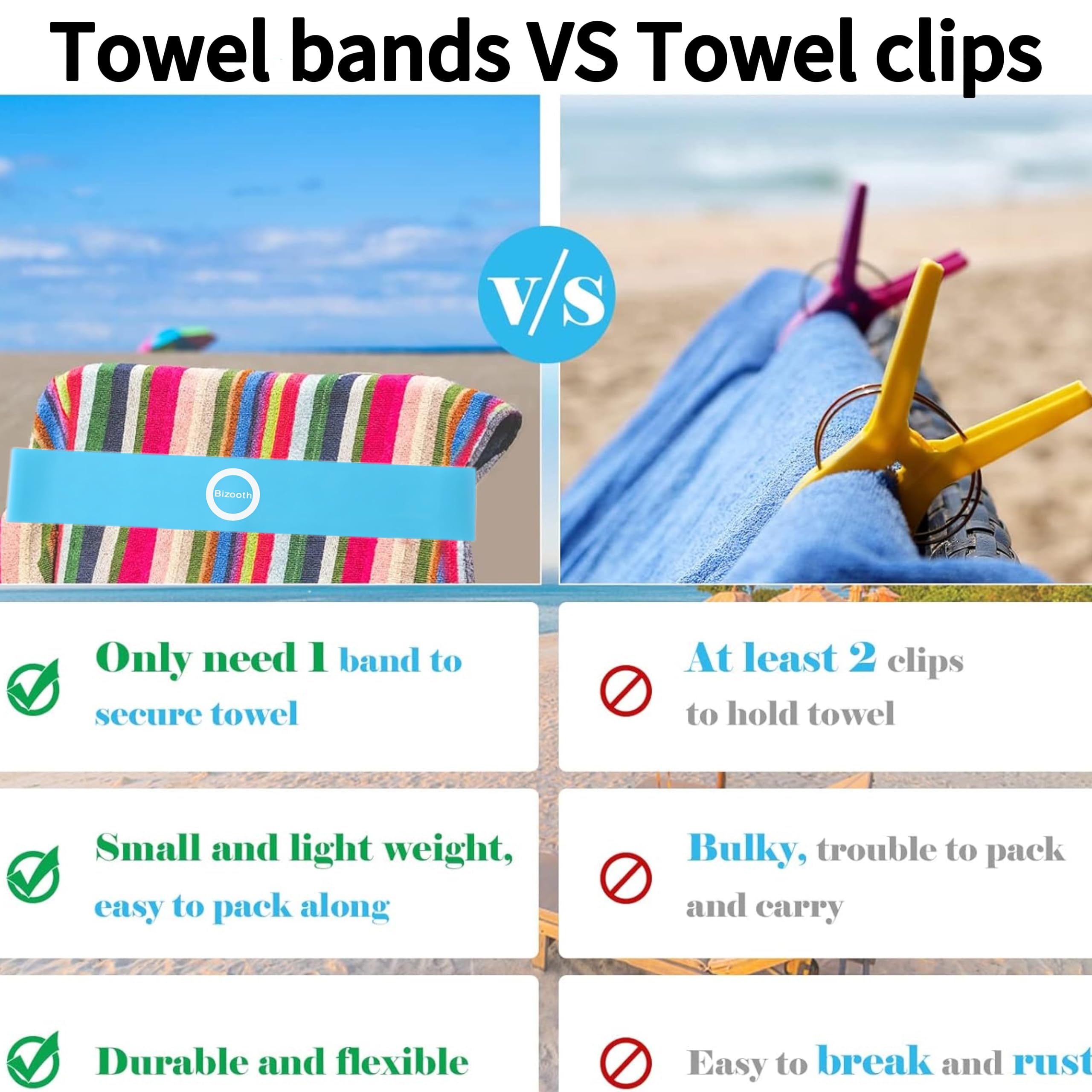 Beach Towel Bands (6 Pack),Towel Clips For Pool Chair & Cruise Ship Essentials,Towel Holder For Cruise Chairs (Blue)