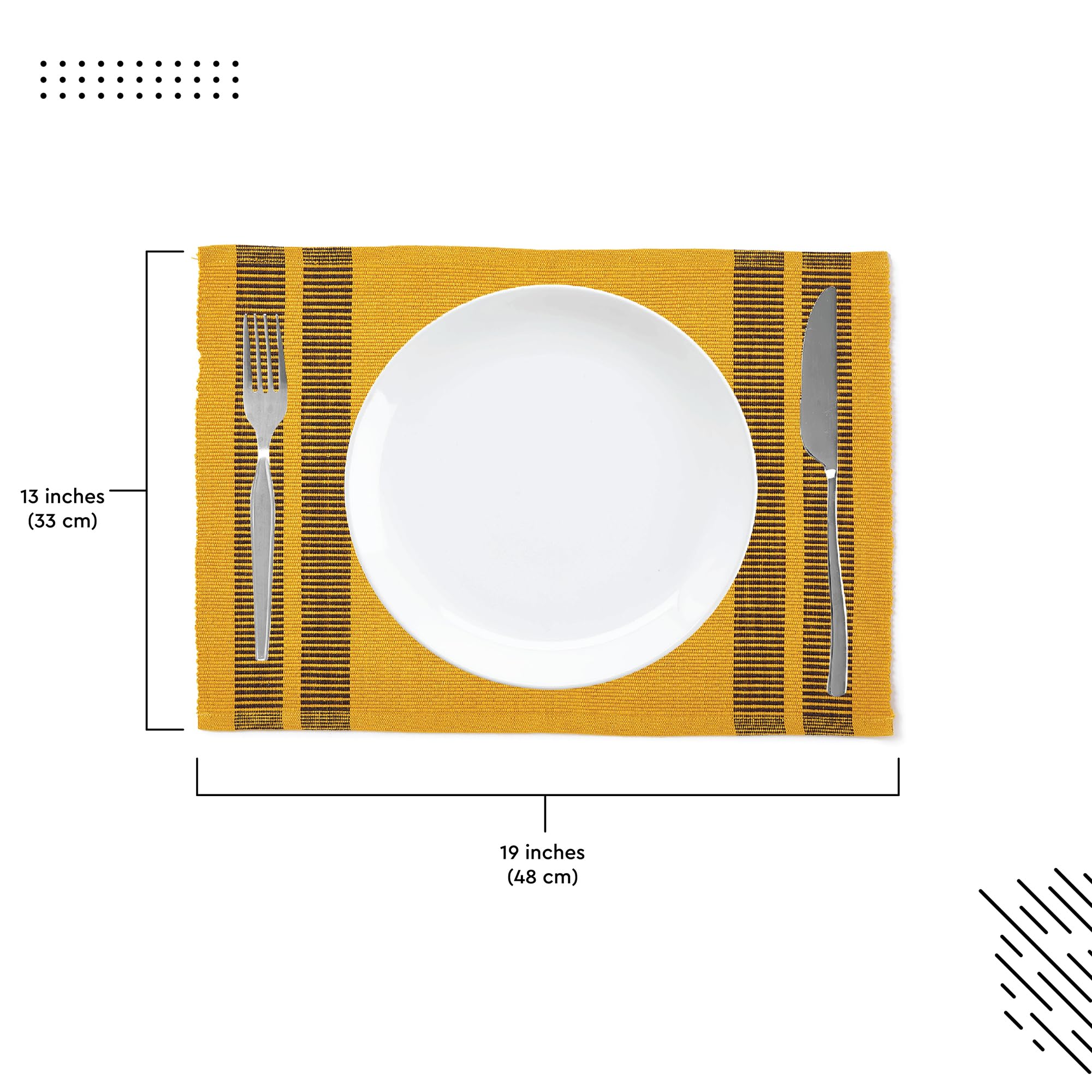Encasa Xo Dining Placemat Set Of 6 | Ladder Yellow Color | Fine Ribbed Cotton Table Mat | Size 18X13 In | Machine Washable