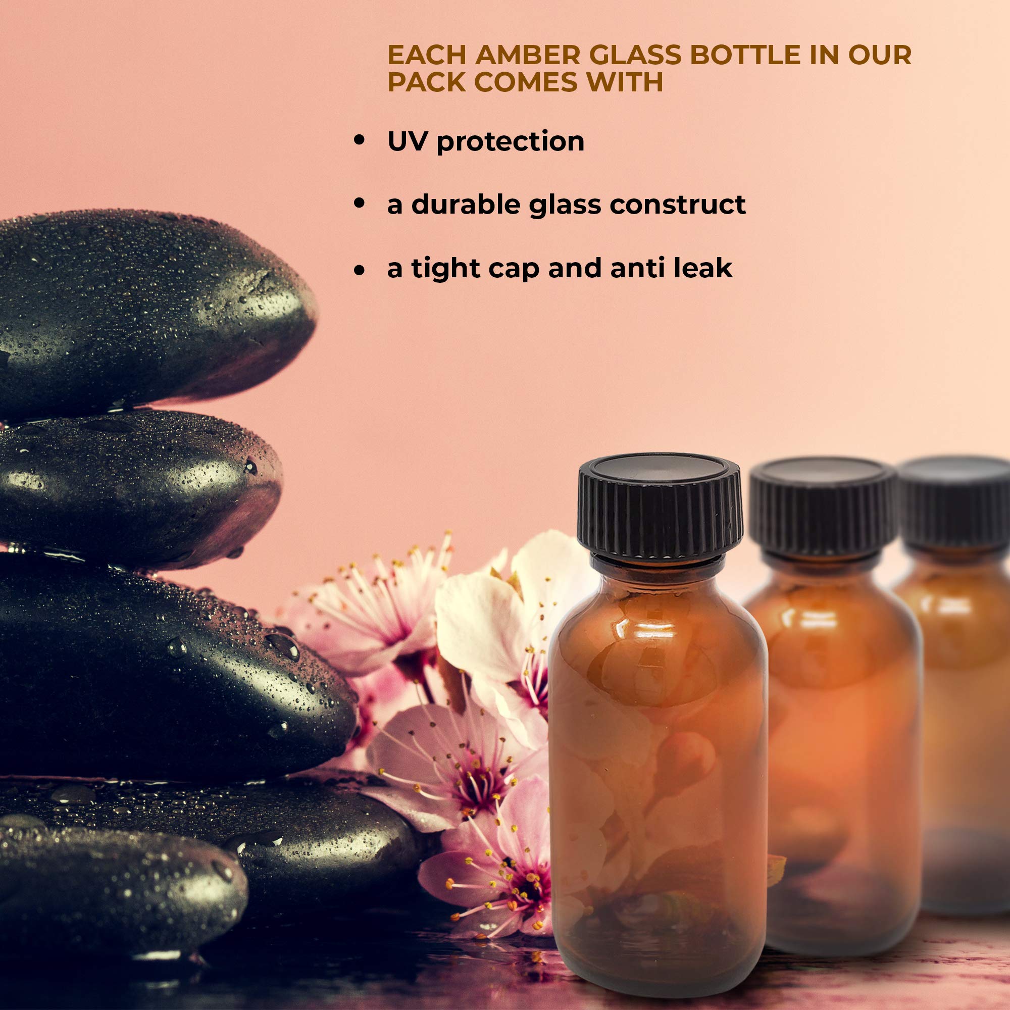 Onisavings Amber Glass Bottles 1 Oz (30 ml) Pack Of 12 Empty Refillable Bottles With Black Cap