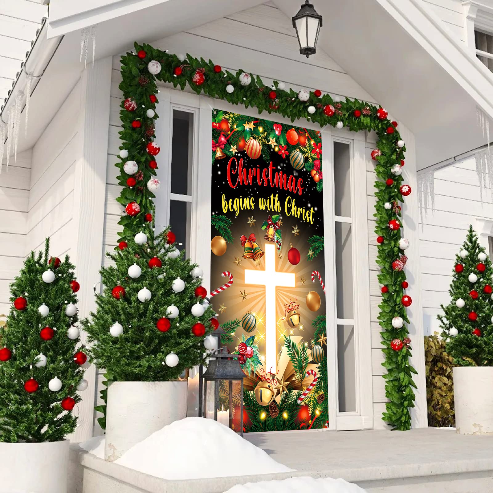 Christmas Cross Door Cover Nativity Cross Religious Door Decorations Banner Christmas Begins With Christ Porch Sign Photo Backdr