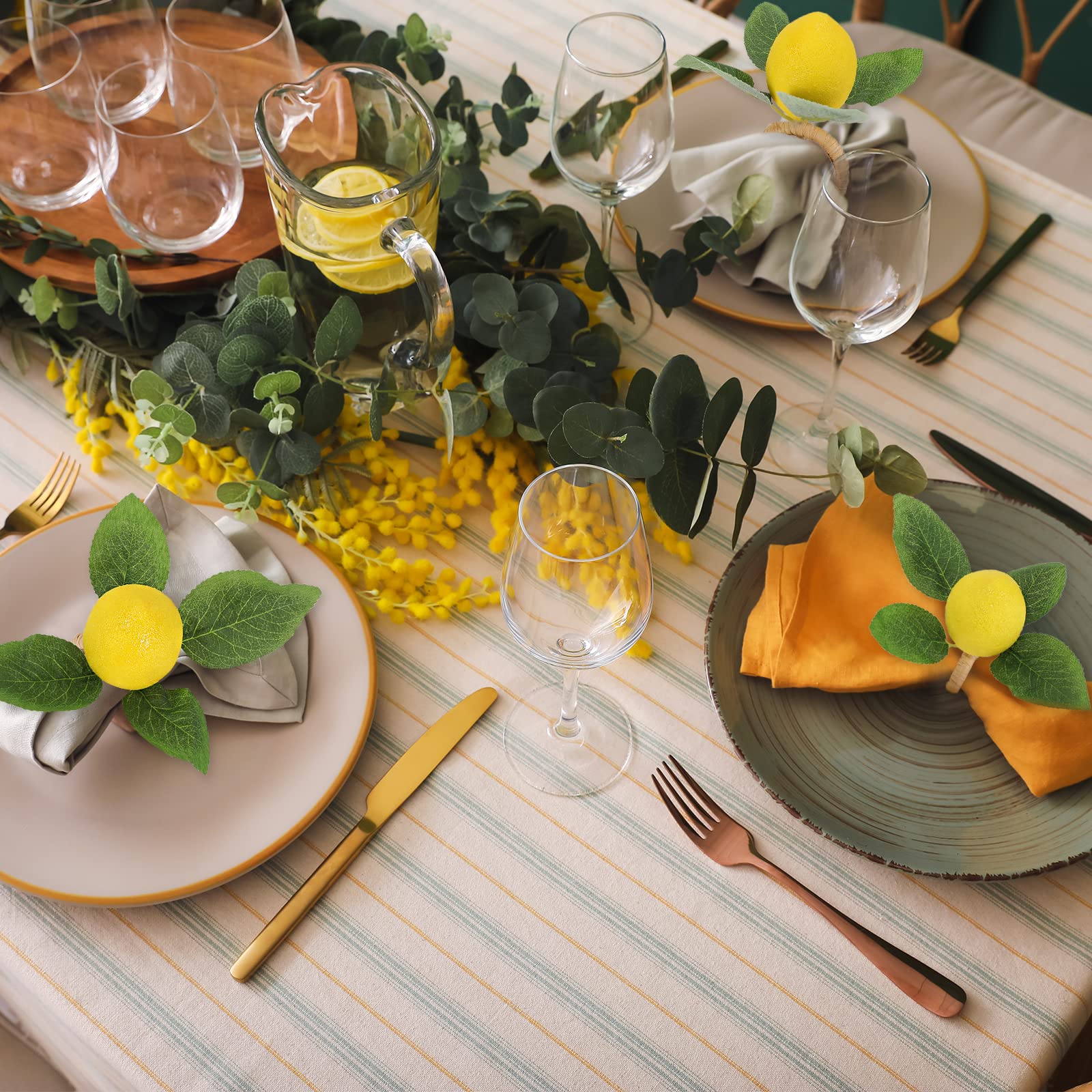 Whaline 15Pcs Lemon Napkin Rings Faux Lemon Napkin Holder Rustic Farmhouse Lemon Vine Leaf Napkin Rings Yellow Summer Fruit Serv