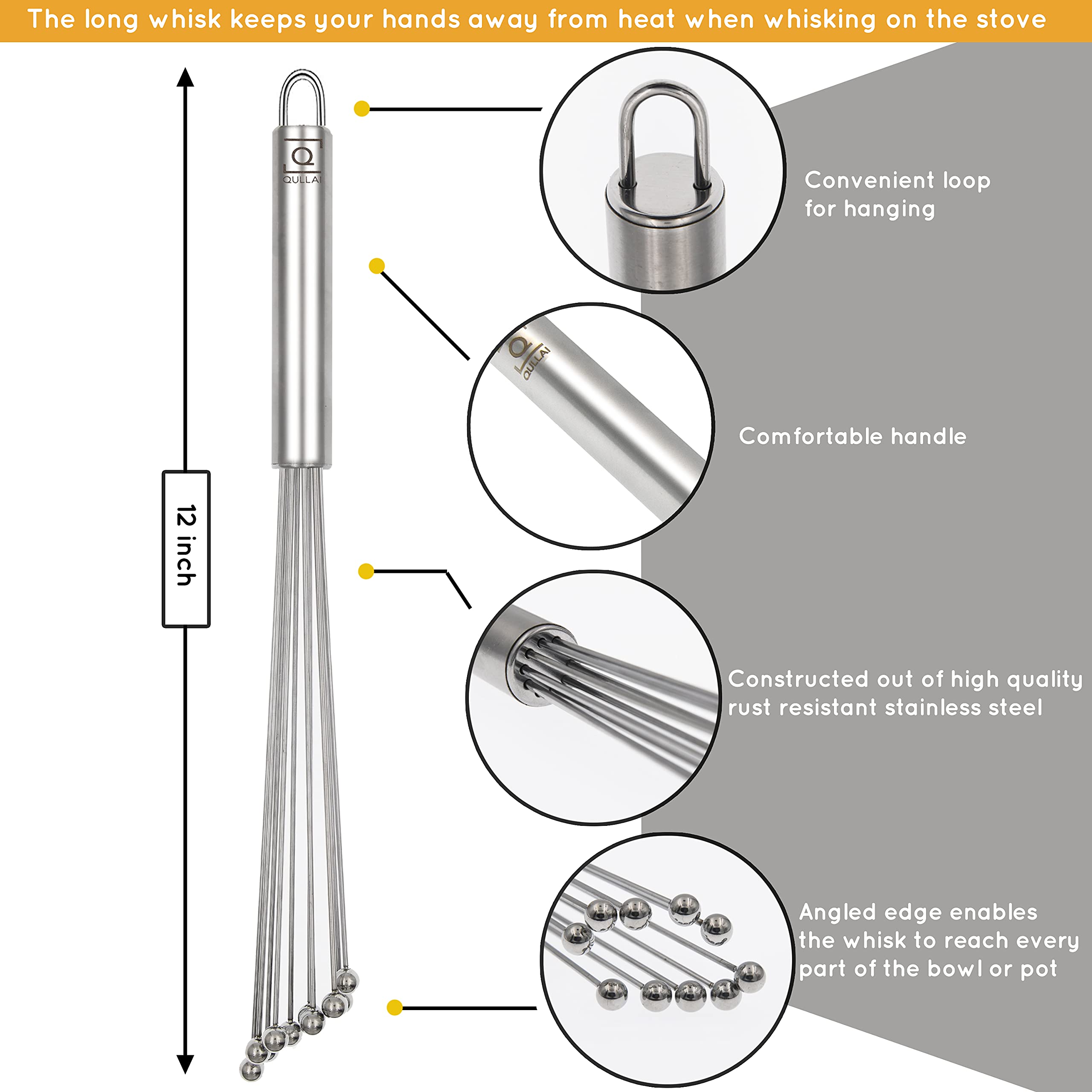 Qullai 12'' Professional Chefs Stainless Steel Ball Whisk. Great For Blending, Whisking, Beating, And Stirring. Whisks Eggs, Cho