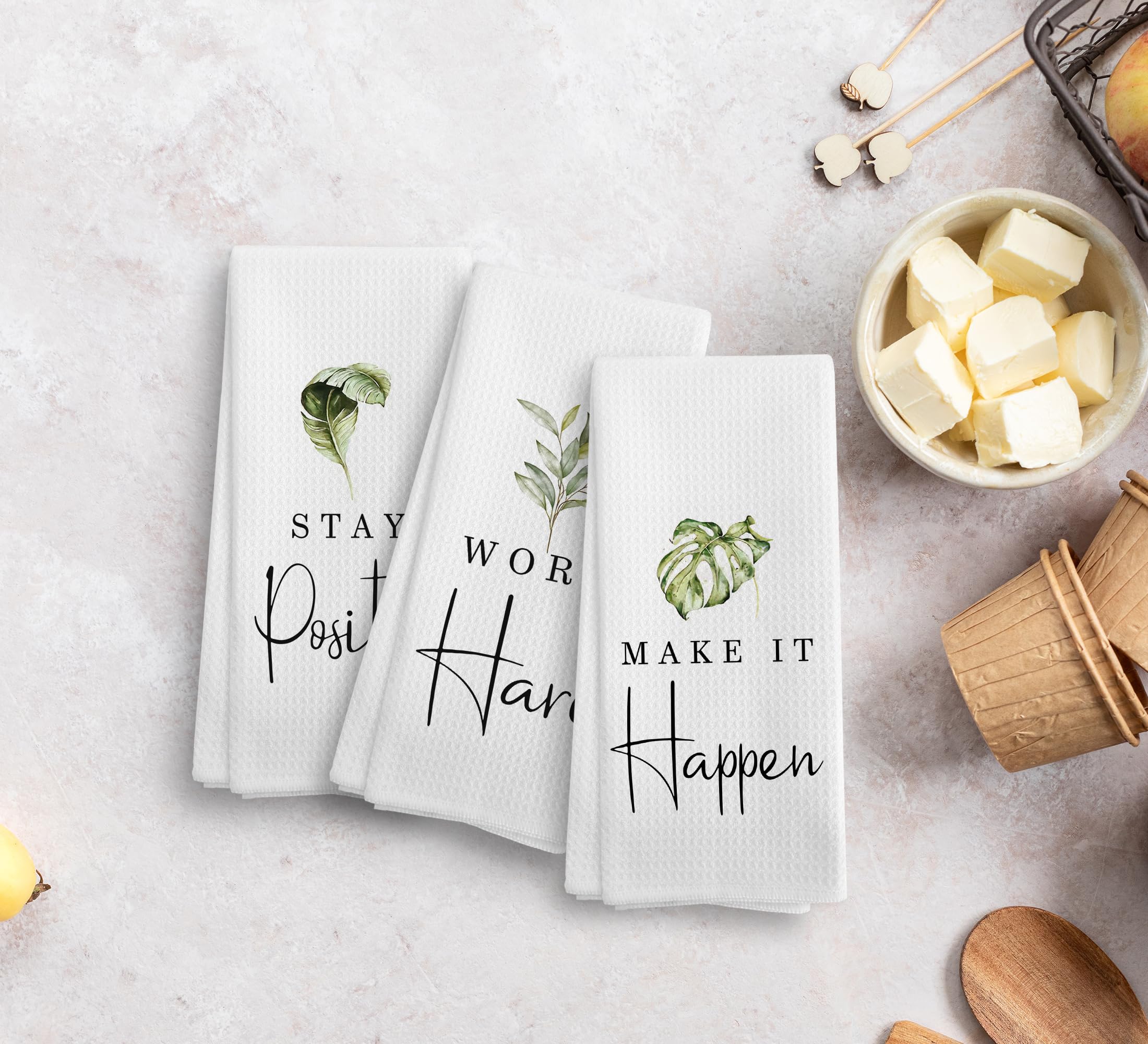 Noql Stay Positive Work Hard And Make It Happen Green Leaf Kitchen Towel And Dishcloths Set Of 3,Inspirational Quotes Absorbent