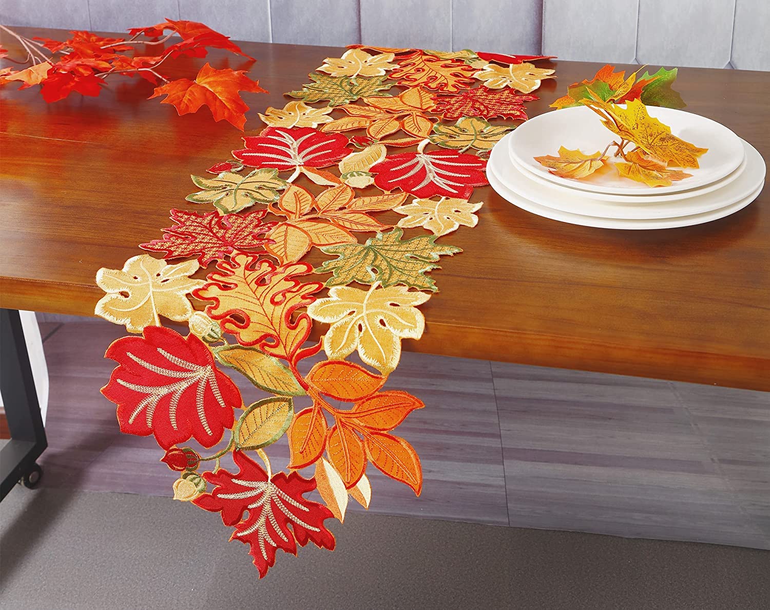 Granddeco Fall Thanksgiving Table Runner Orange Maple Leaves Harvest Autumn Holiday Party Dinner Seasonal Decoration (A-Fall And
