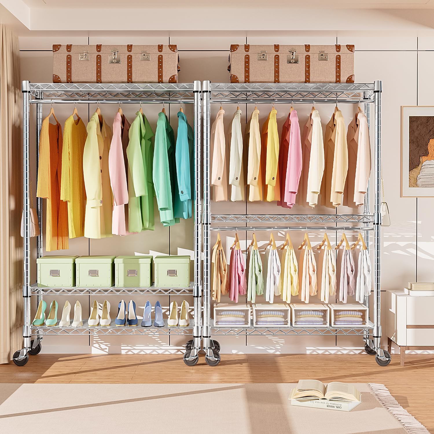 Mzg Heavy Duty Rolling Garment Rack 3 Tiers Adjustable Wire Shelving Clothes Rack With Rods And Side Hooks,Storage Closet Clothi
