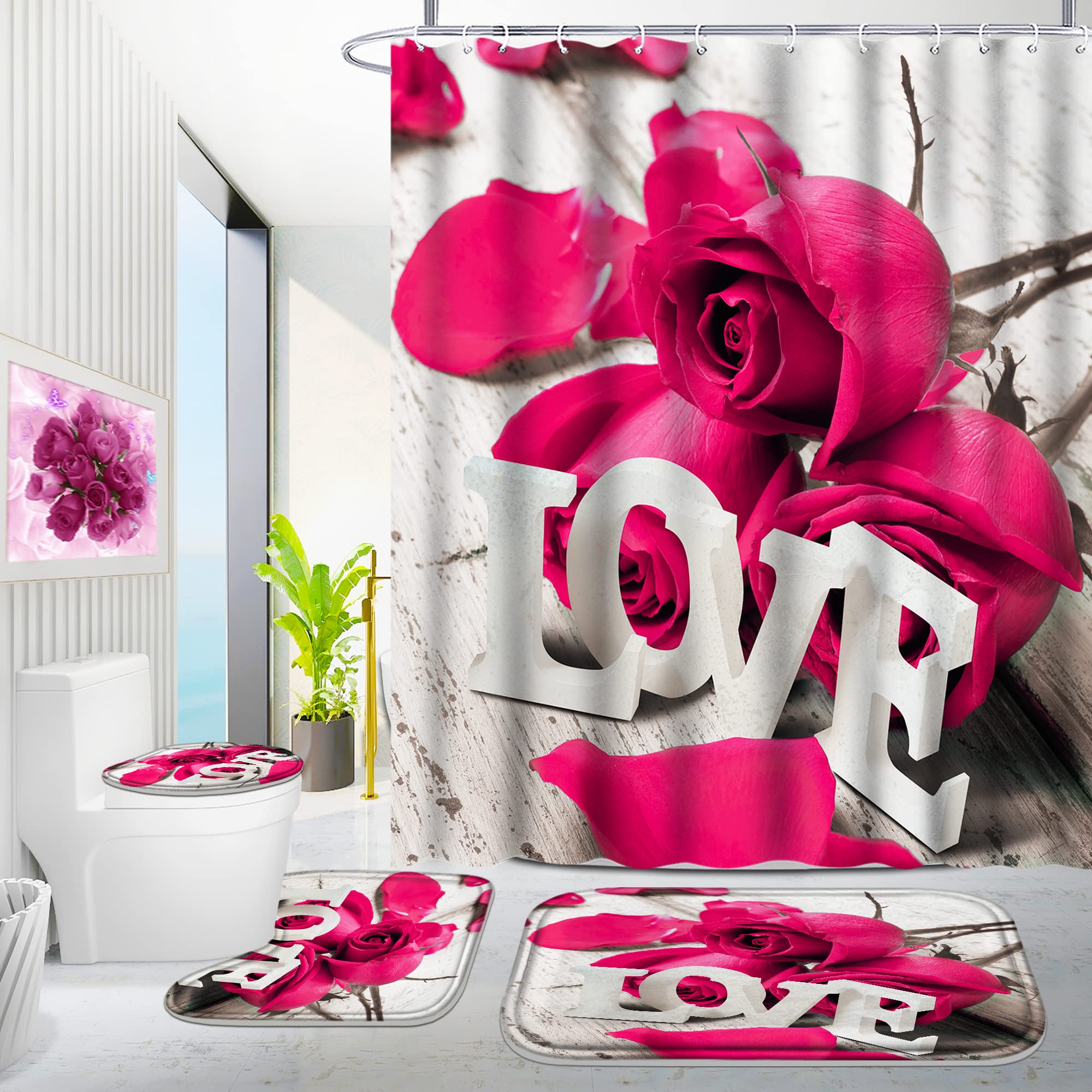 Poedist 4 Pcs Bathroom Shower Curtain Set, Pink Rose Shower Curtain Valentine'S Day Shower Curtain Sets With Rugs(Bath Mat,U Sha