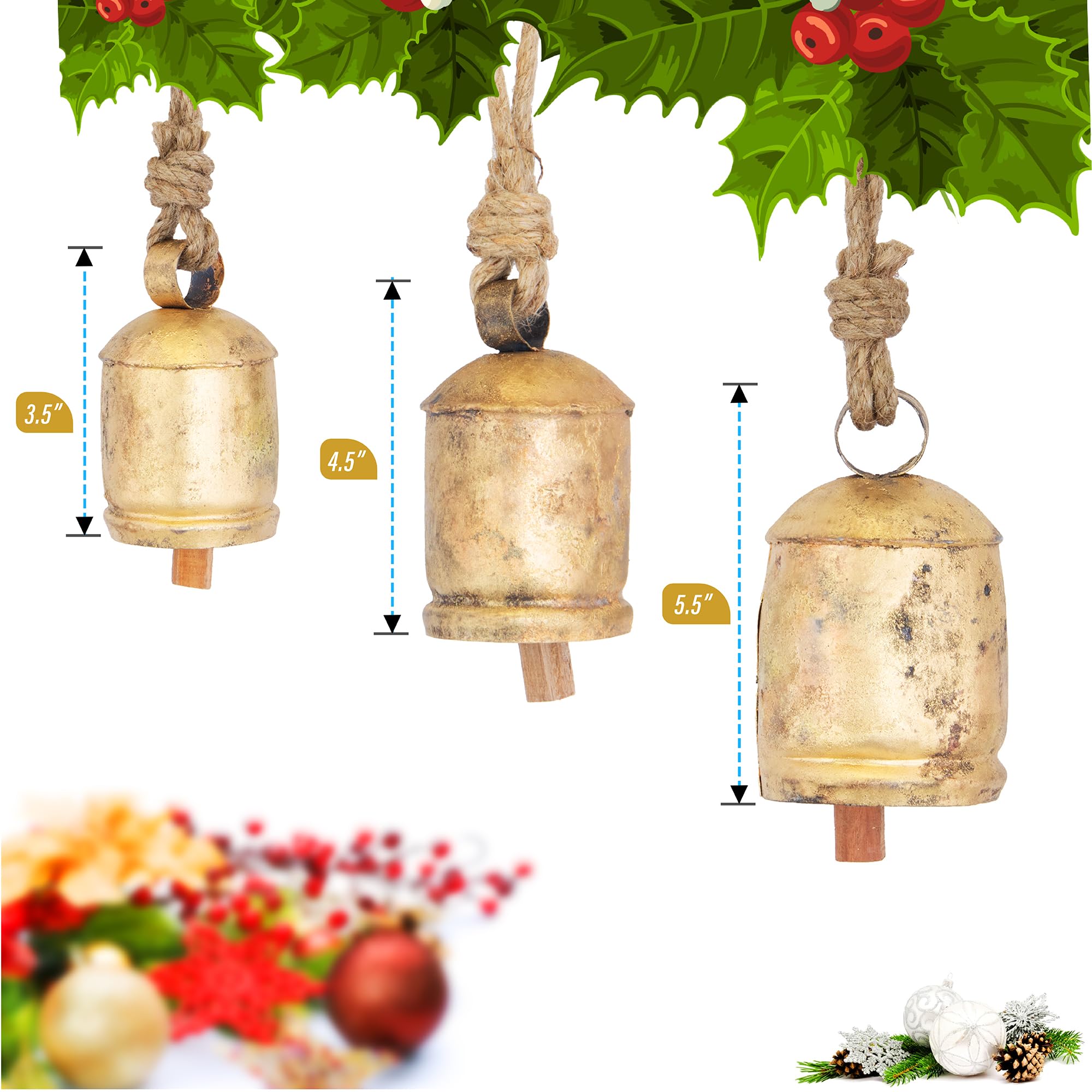 Vintage Rustic Cow Bell Christmas Bell Set - Shabby Chic Holiday Decor - Set of 3 Bells in Various Sizes- Create a Festive Ambia