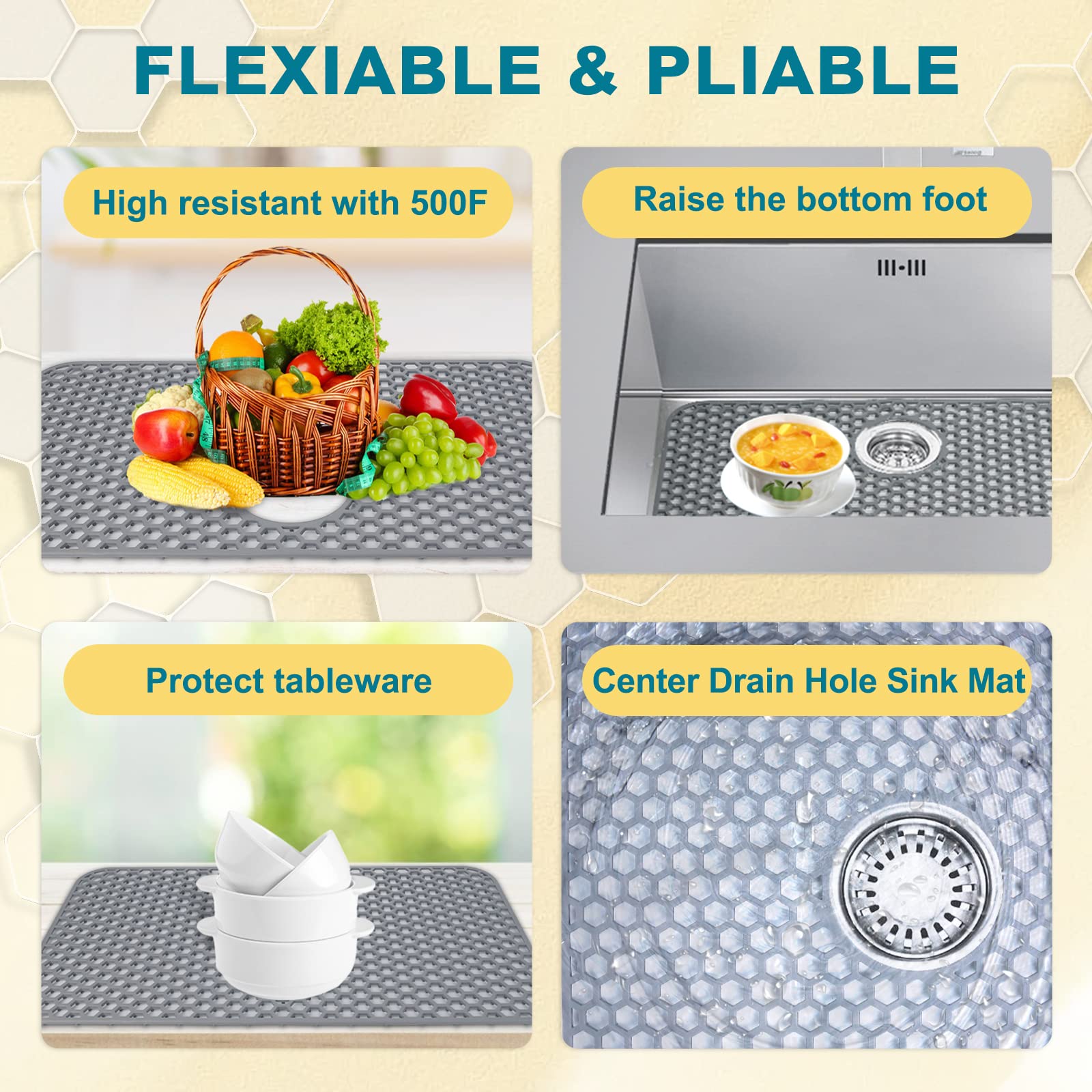 Bestjing Silicone Sink Protectors For Kitchen Sink With Rear Drain - 26''X 14'' Kitchen Sink Mats Accessory, Non-Slip Heat Resis