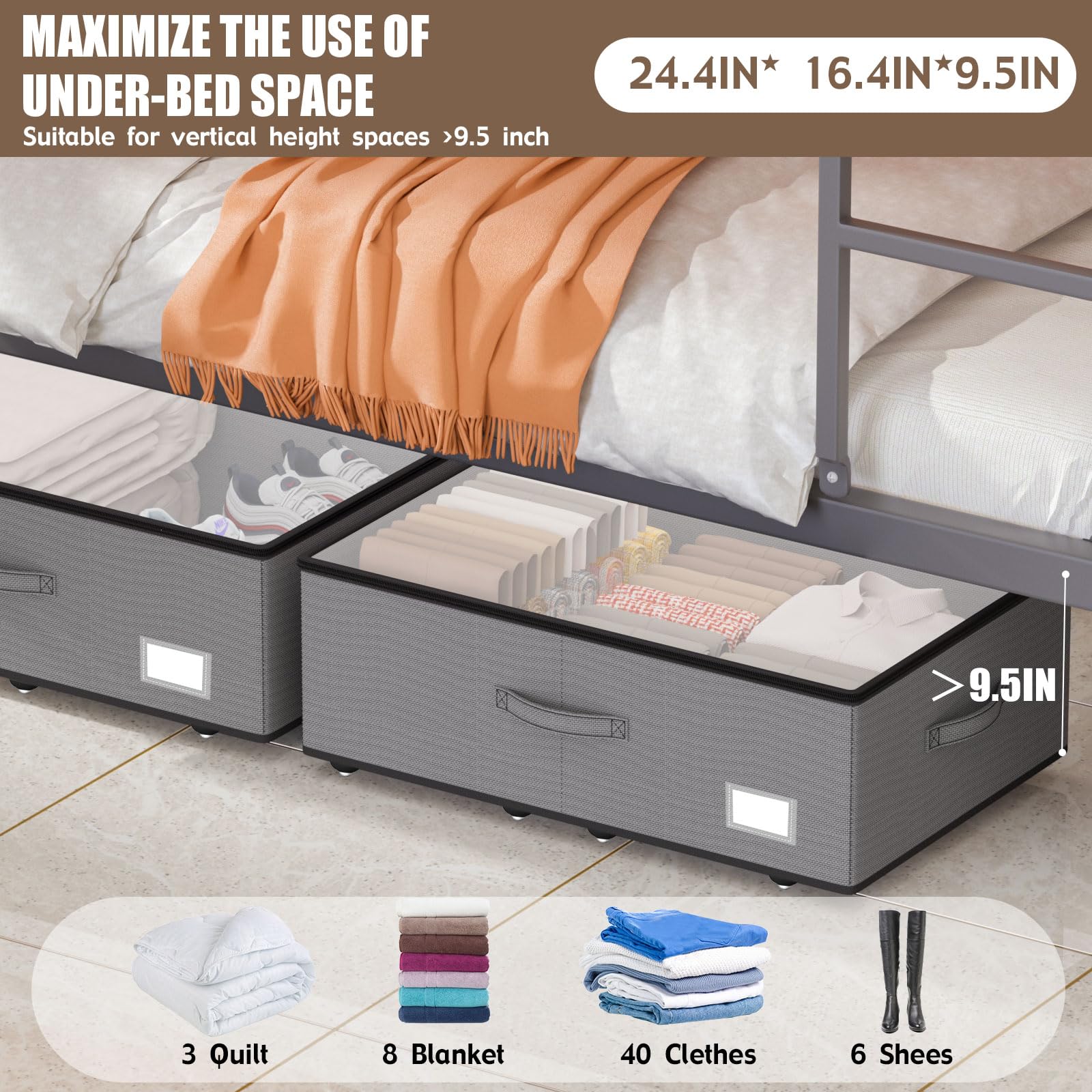 EE-RoomWorld Under Bed Storage with Wheels, No Assemble Required 10 inches height Under Bed Storage bins,Large capacity Rolling