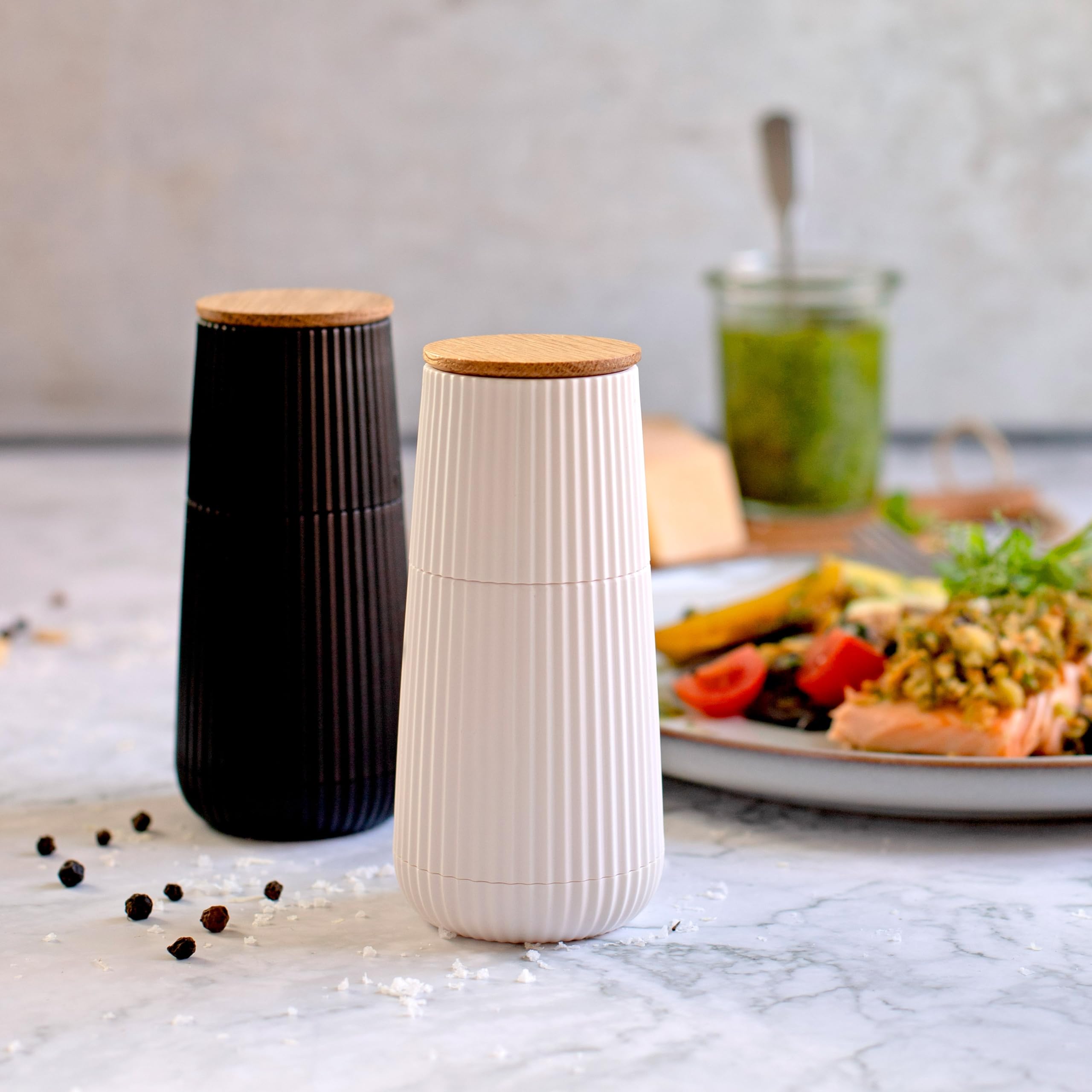 Adhoc Mp150 Scape Salt And Pepper Mill Set In Relief Design Black And White With Ceracut Ceramic Grinder