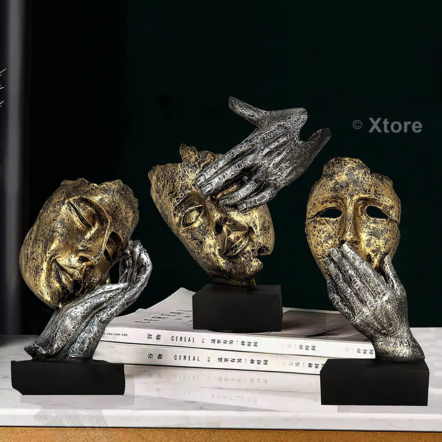 Xtore Human Face Decorative Statues | Handcrafted And Hand Painted (Pack Of 3, Gold & Silver)
