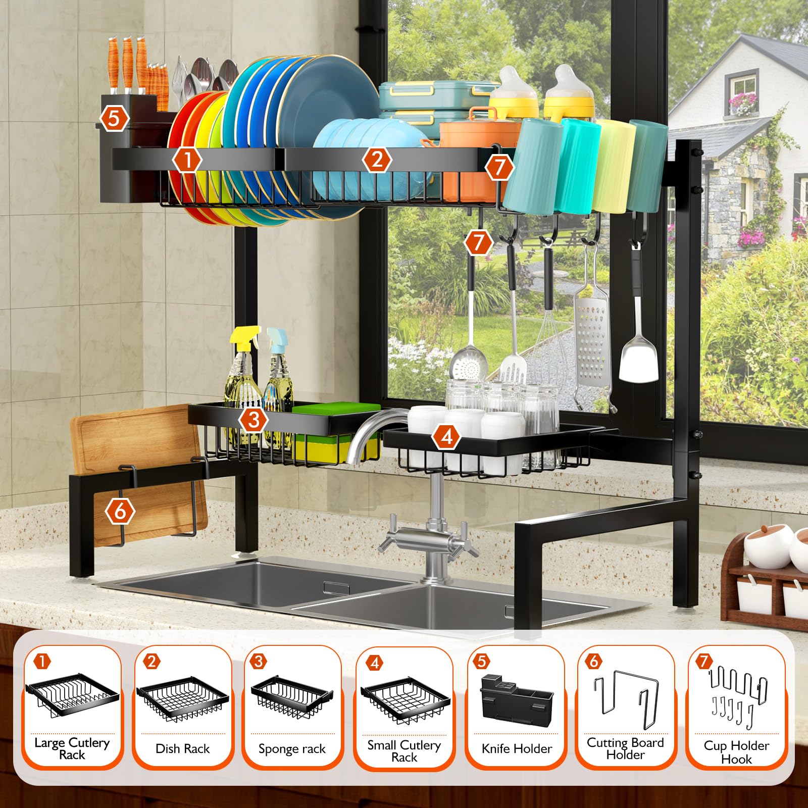 YKLSLH Over The Sink Dish Drying Rack, 2 Tiers 4 Baskets, Extendable Metal Rack, Black, Fits Sinks 24.8"-35.4"