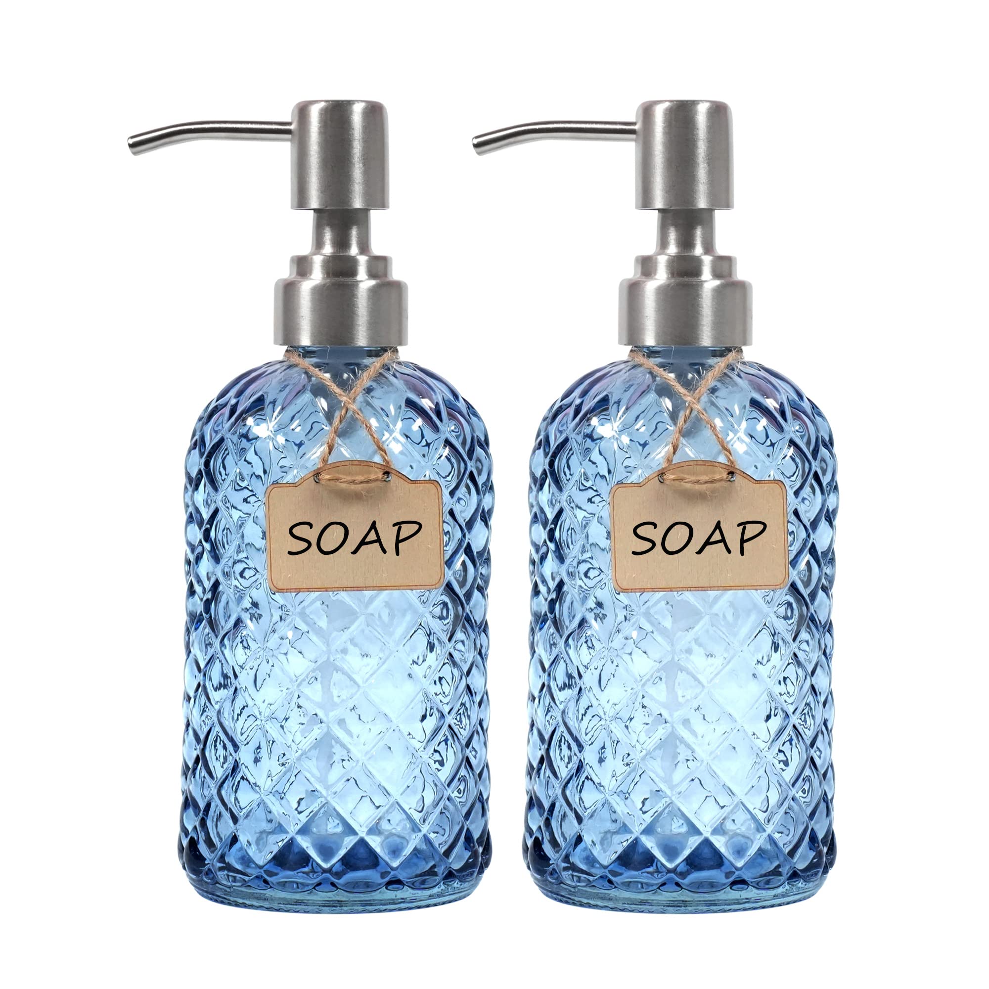 Bathroom & Kitchen Glass Hand And Dish Soap Dispenser With 304 Rustproof Stainless Steel Pump (Blue-2Pack)