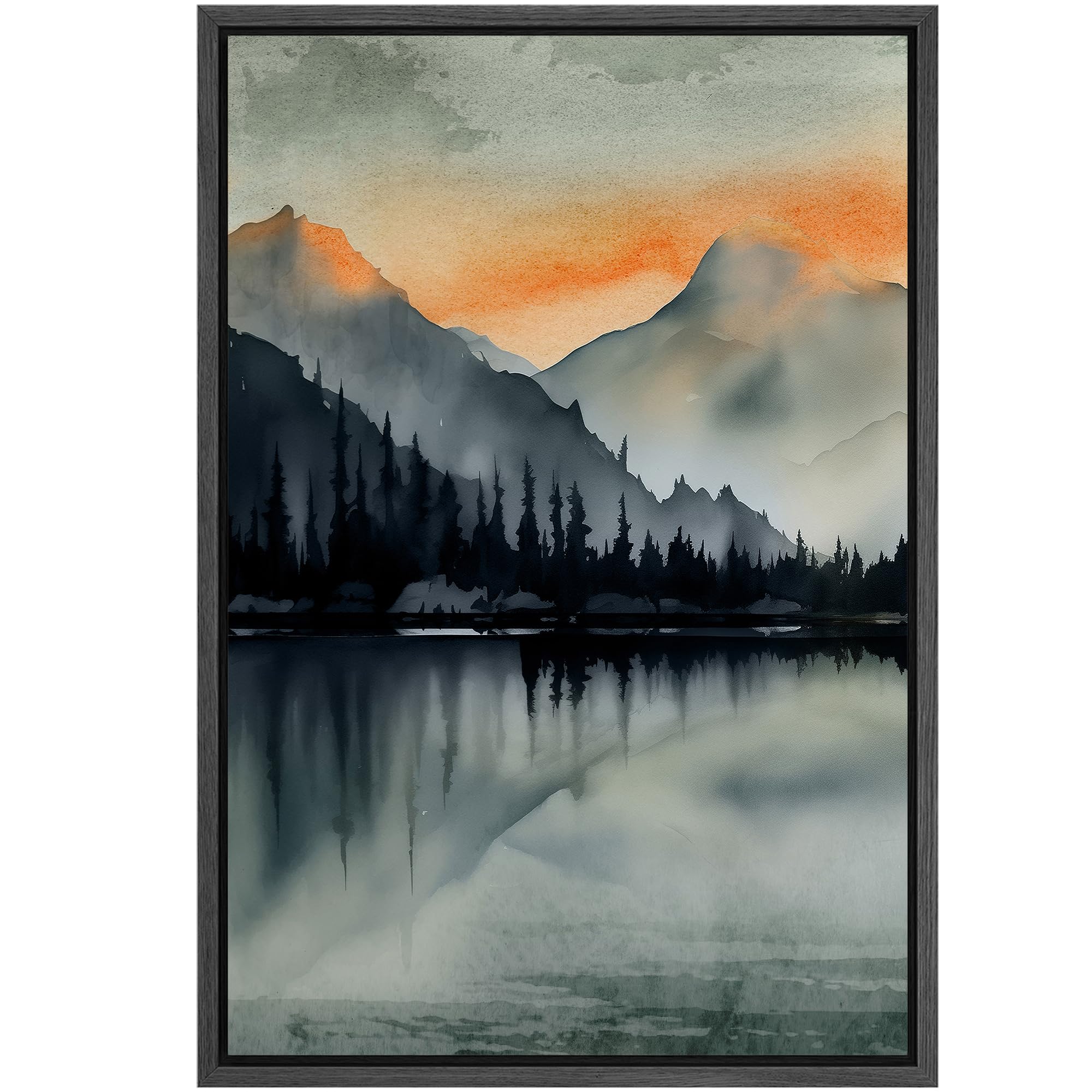Signford Framed Canvas Print Wall Art Silhouetted Pine Trees By Tranquil Lake Nature Wilderness Illustrations Modern Art Decorat