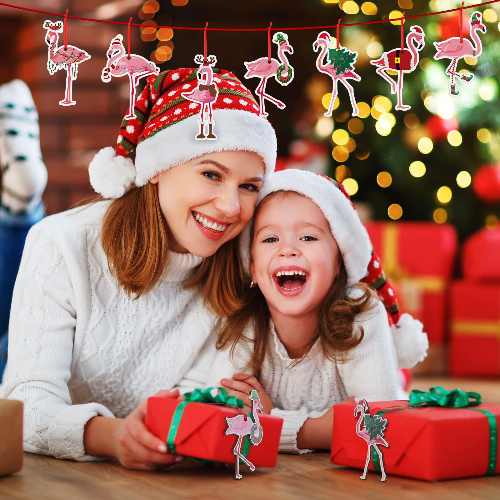 Blulu 12 Pieces Christmas Flamingo Ornaments Wooden Pink Hanging Flamingo Ornaments for Xmas Home Office Party Tree Holiday Deco